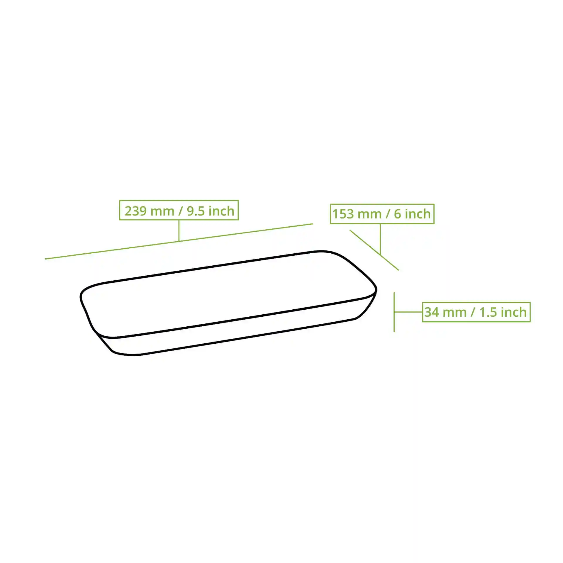 Schematische Zeichnung eines tiefen rechteckigen Palmblatt-Tellers mit den Maßen 239 mm x 153 mm und einer Höhe von 34 mm.