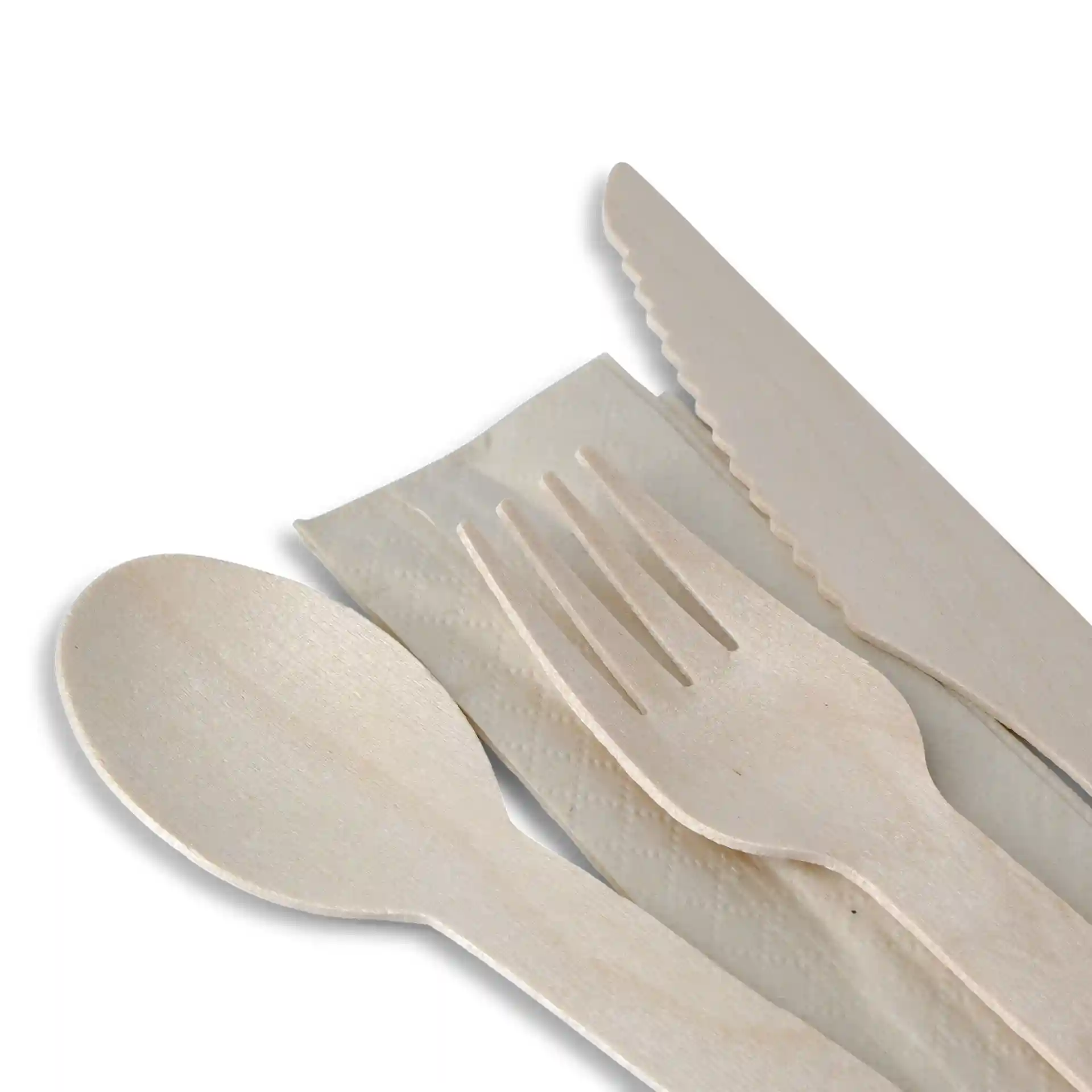 Wooden cutlery set including a knife, fork, spoon, and a napkin on a plain background.