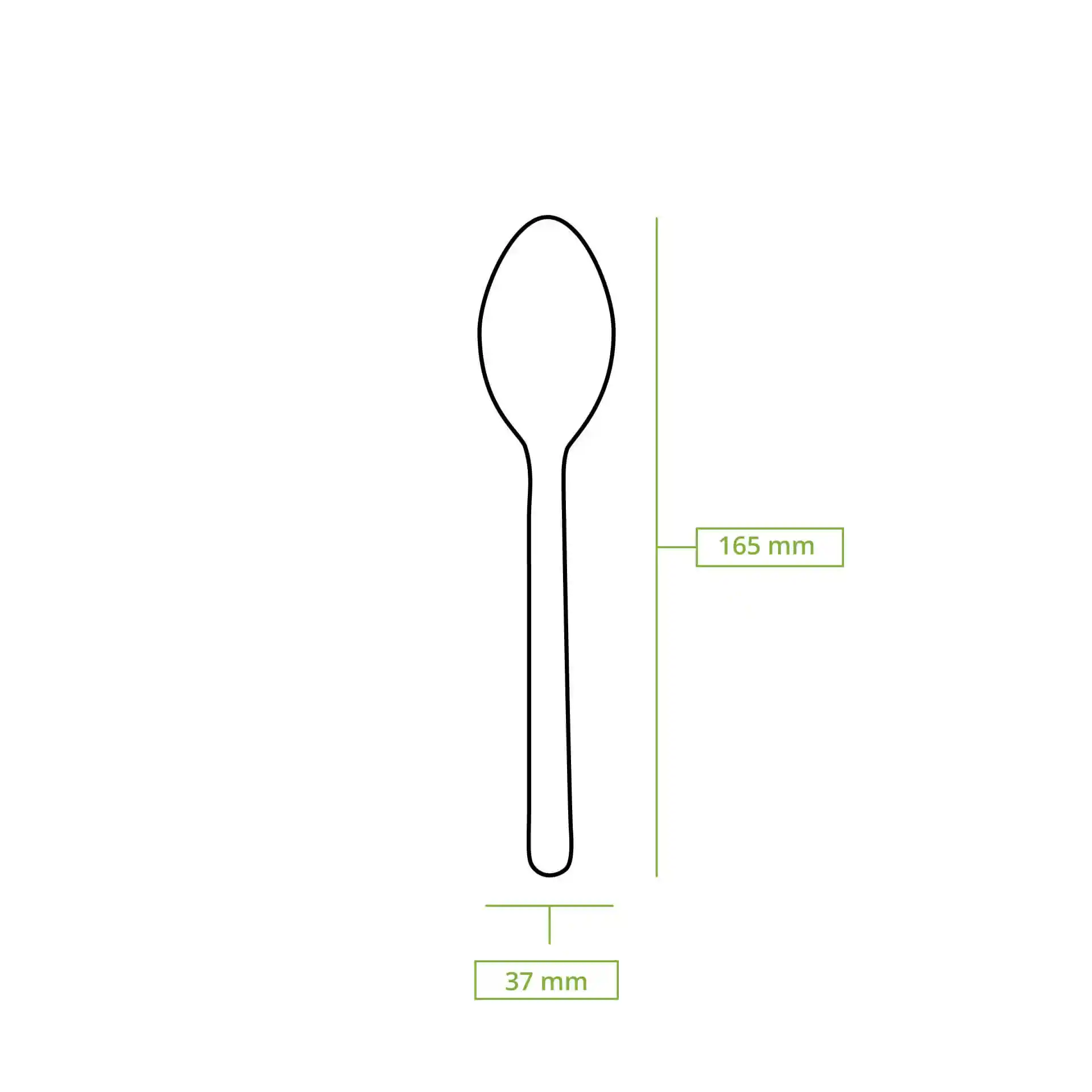 Schematische Zeichnung eines Papierspoons, 165 mm lang und 37 mm breit.