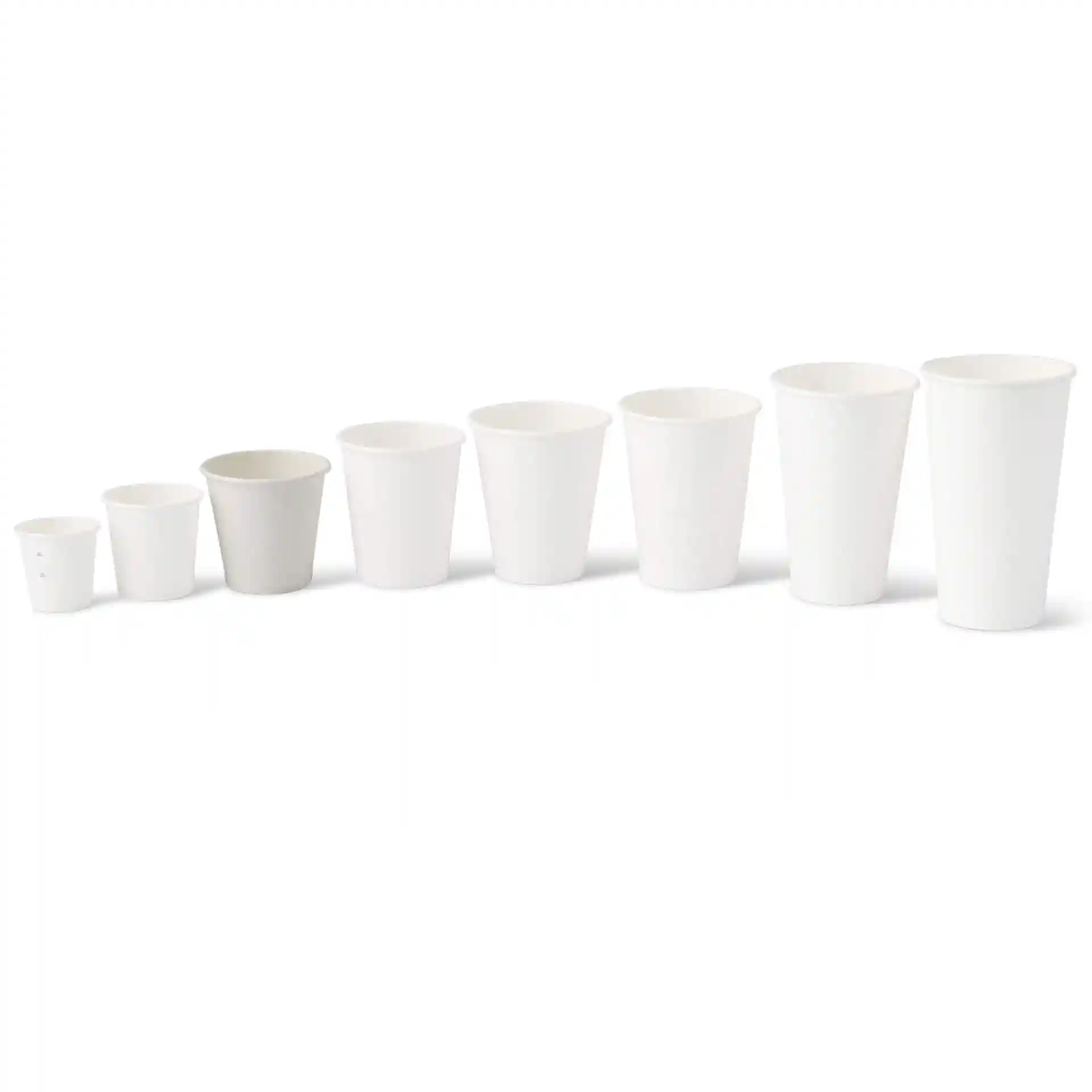 Multiple white paper cups of varying sizes arranged in a row, including one gray cup in the middle.