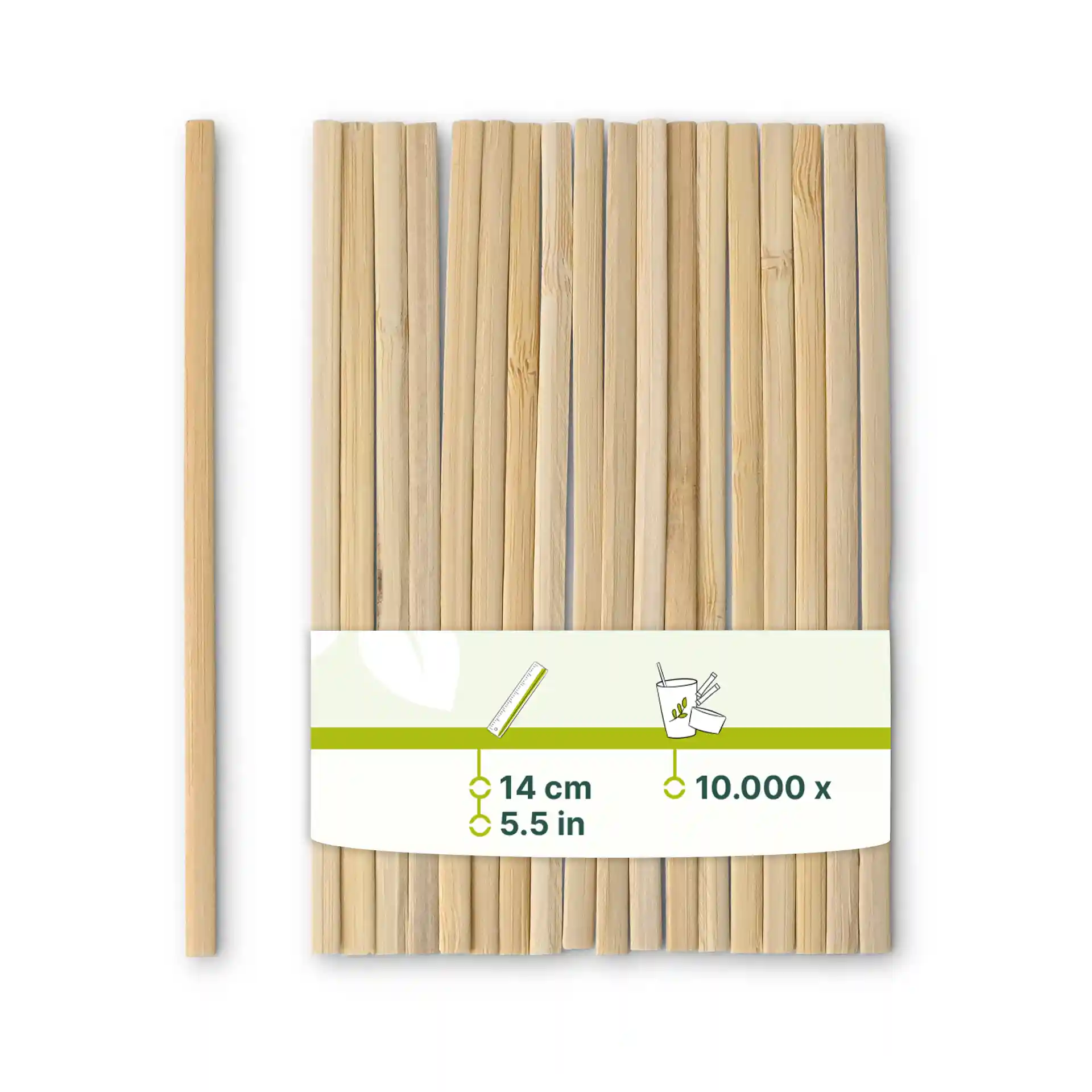 Bamboo stirrers, 14 cm long, arranged with a label showing dimensions and quantity, on a plain background.
