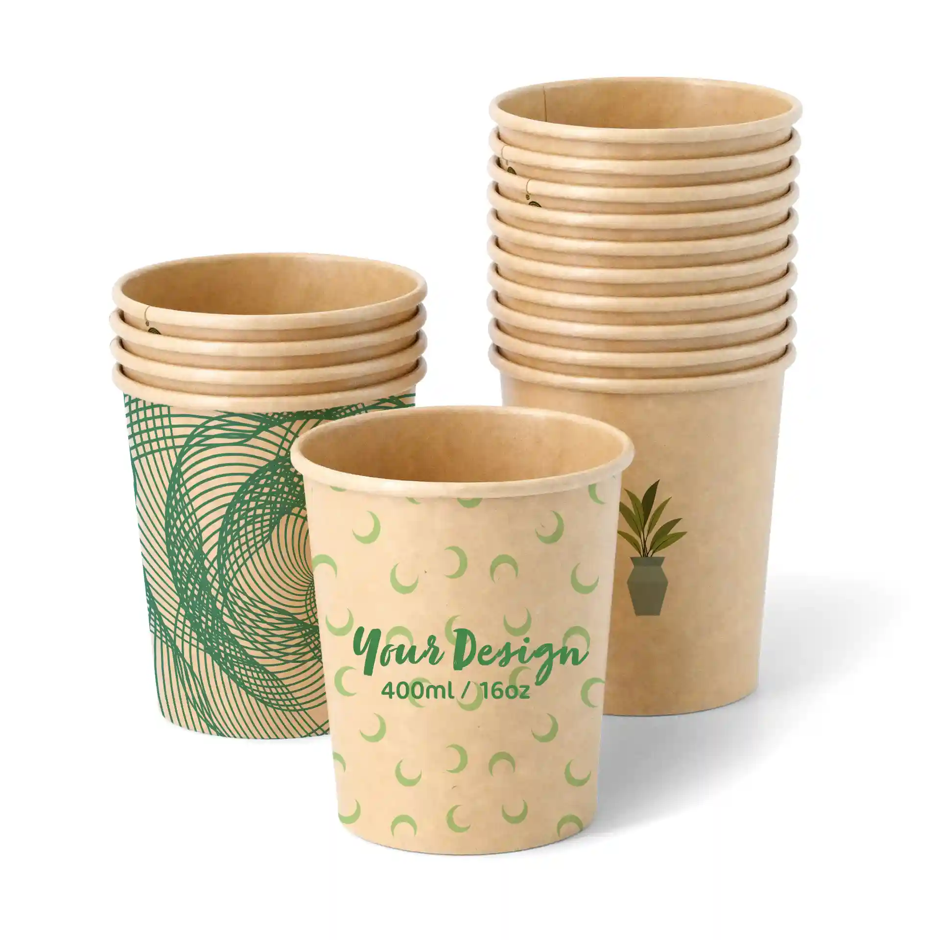 Braune Pappbecher für Eis mit verschiedenen Designs, darunter eines mit grünen Mustern und einer Pflanzenillustration.