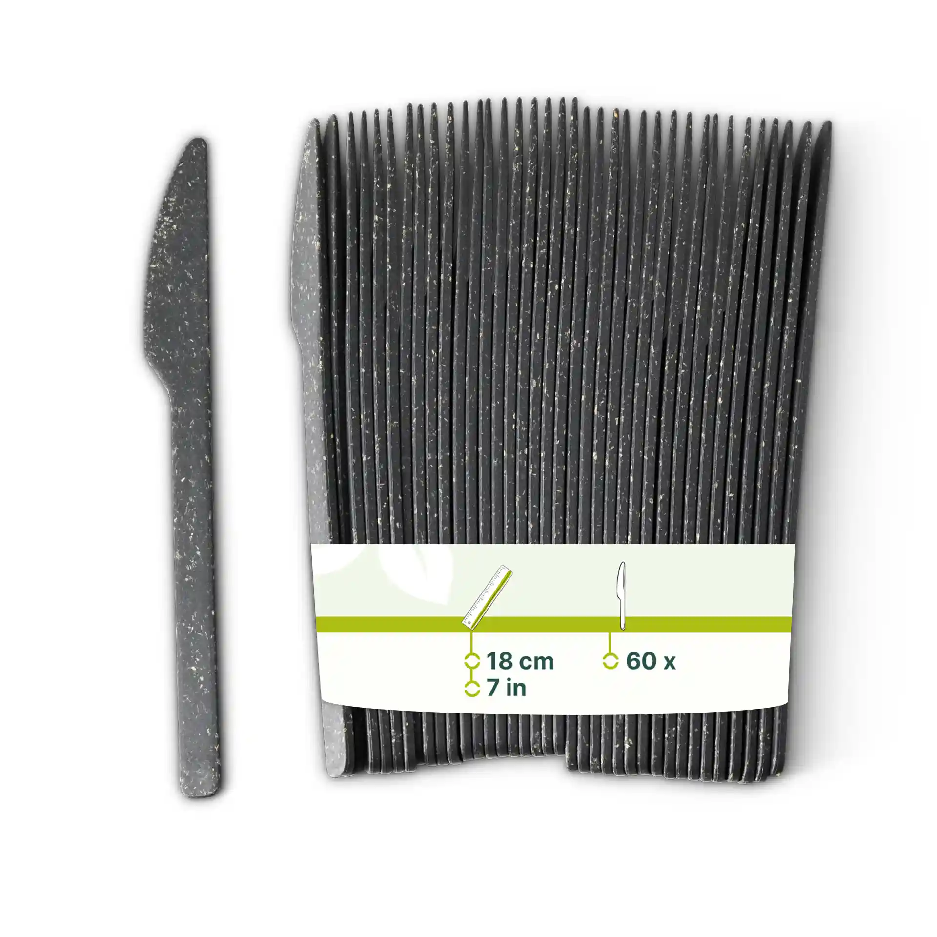 Black reusable knife made of bio compound, 18 cm long, with a label showing dimensions and quantity of 60.