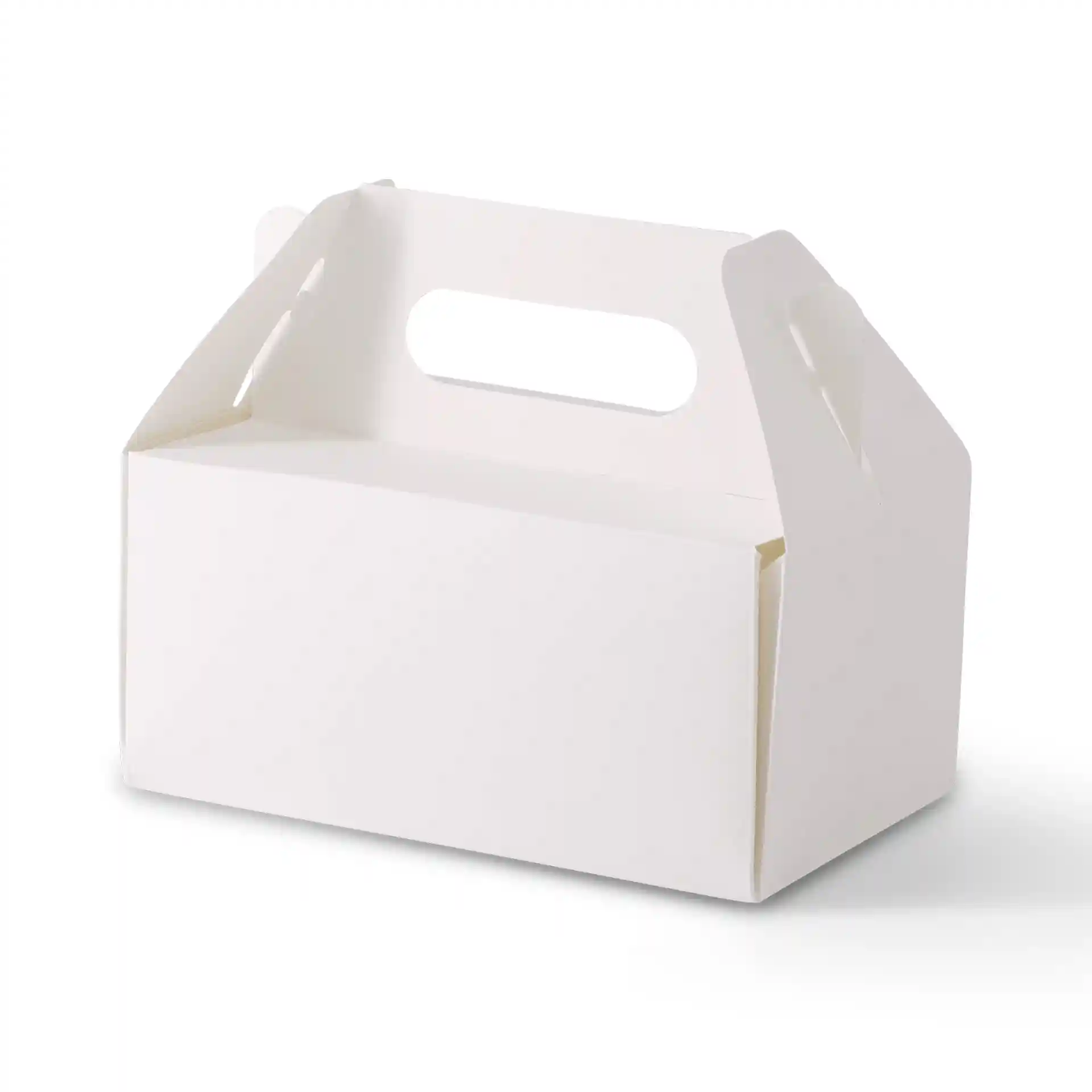 White rectangular cardboard pastry box with handle, measuring 18 x 11 x 9 cm, foldable design.