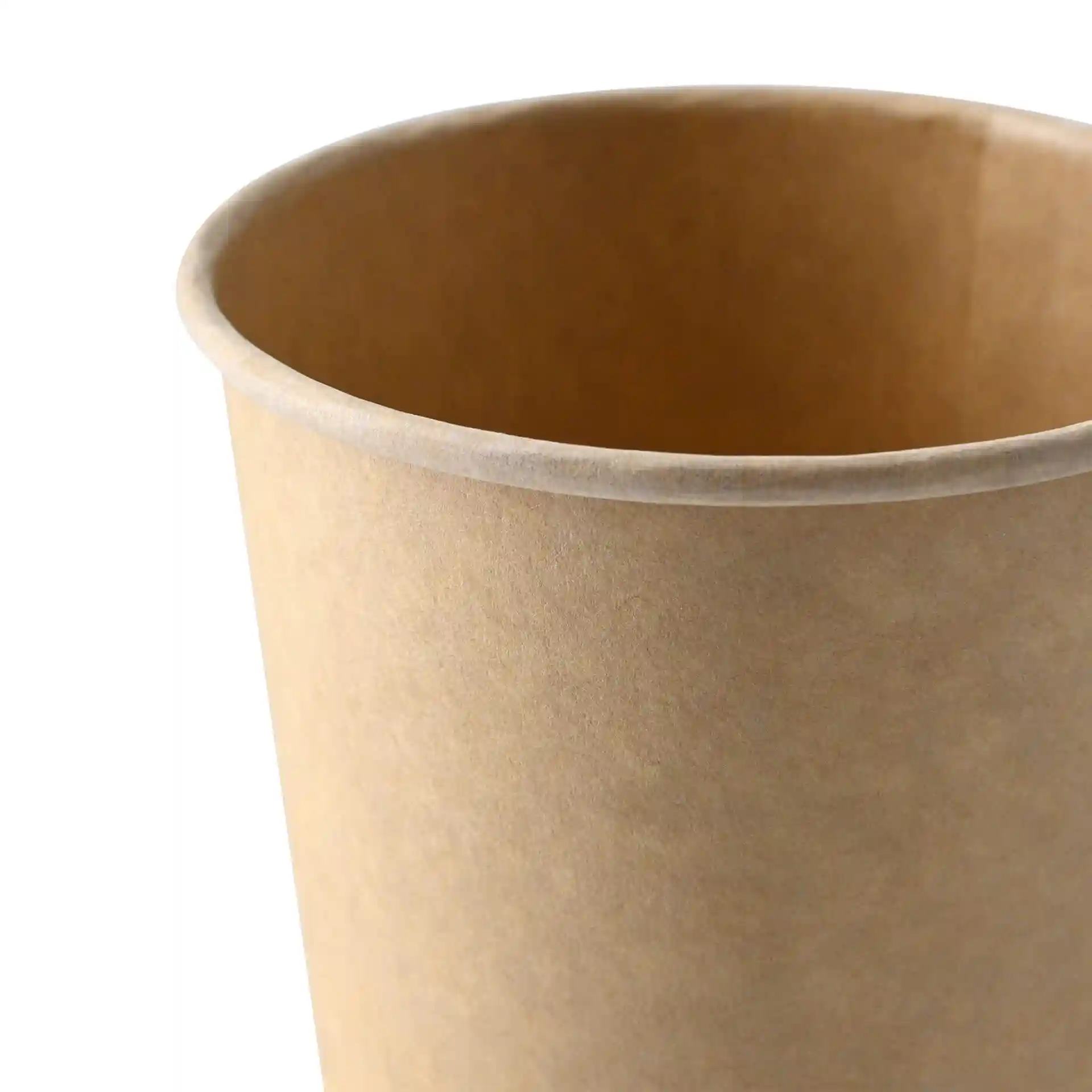Brown paperboard takeaway soup container with a round shape and a height of 100 mm.