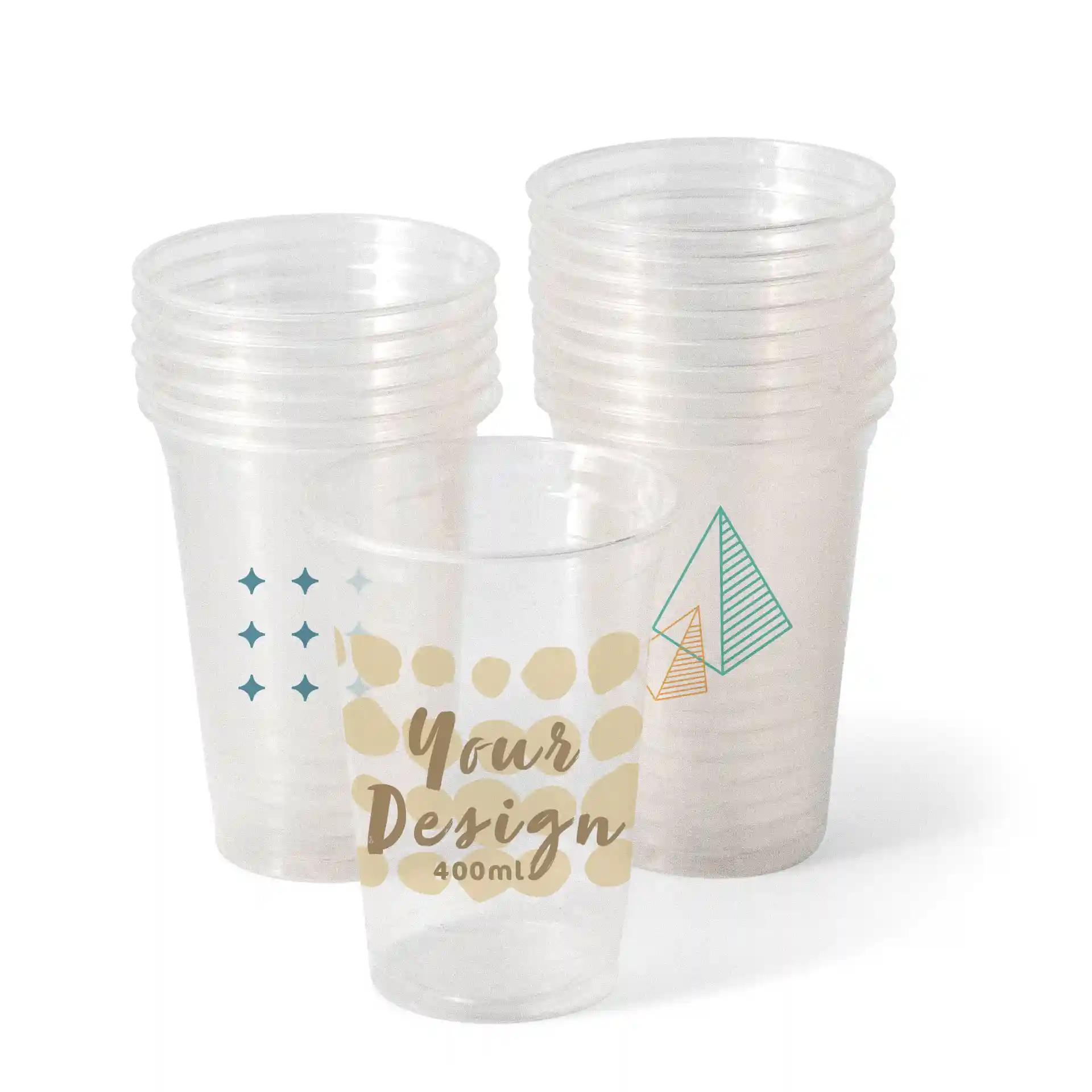 Clear custom printed cups with various designs, including a gold "Your Design" label and geometric patterns.