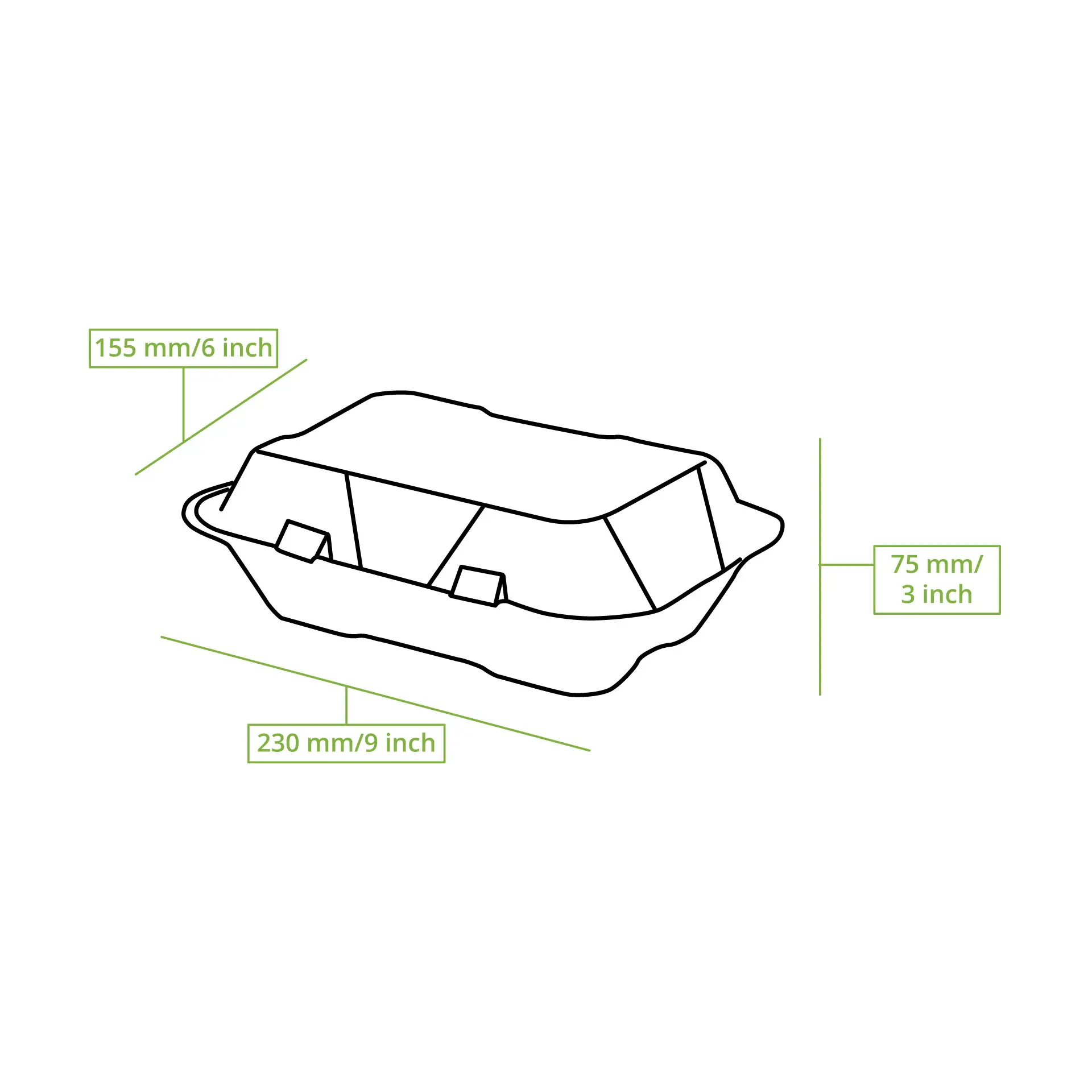 Take-away Boxen aus Zuckerrohr 23 x 15,5 x 7,5 cm, rechteckig Take-away Boxen aus Zuckerrohr 23 x 15,5 x 7,5 cm, rechteckig