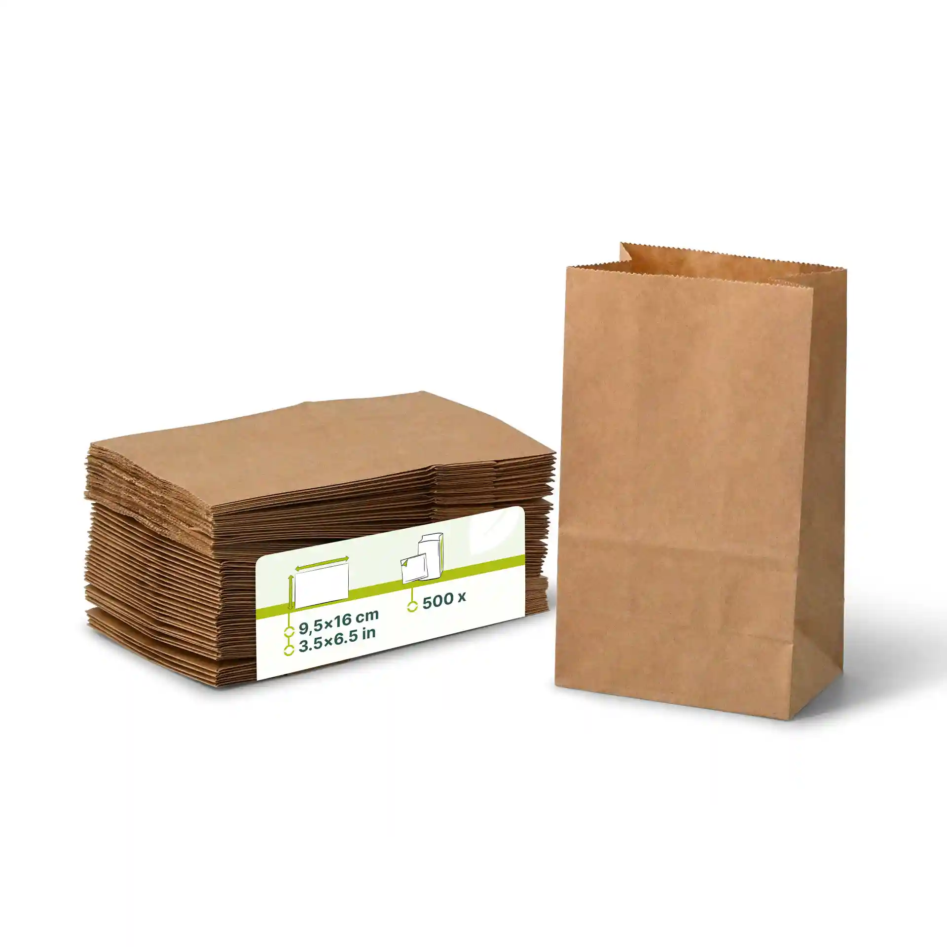 Stack of brown kraft paper block bottom bags with one bag upright, dimensions 9.5 x 6 x 16 cm.