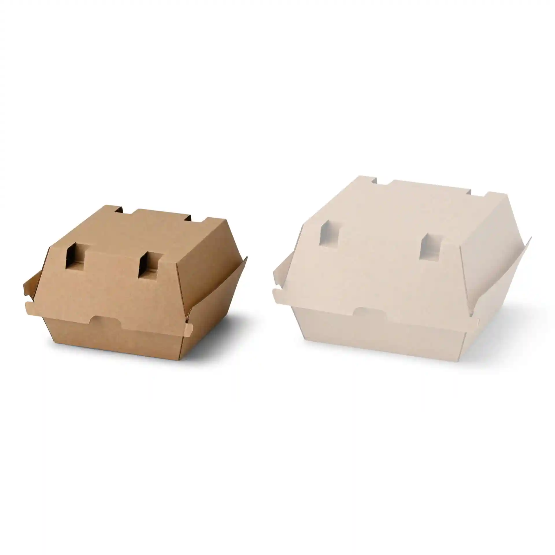 Brown and white cardboard burger boxes, square shape, with flaps for closure, displayed side by side.