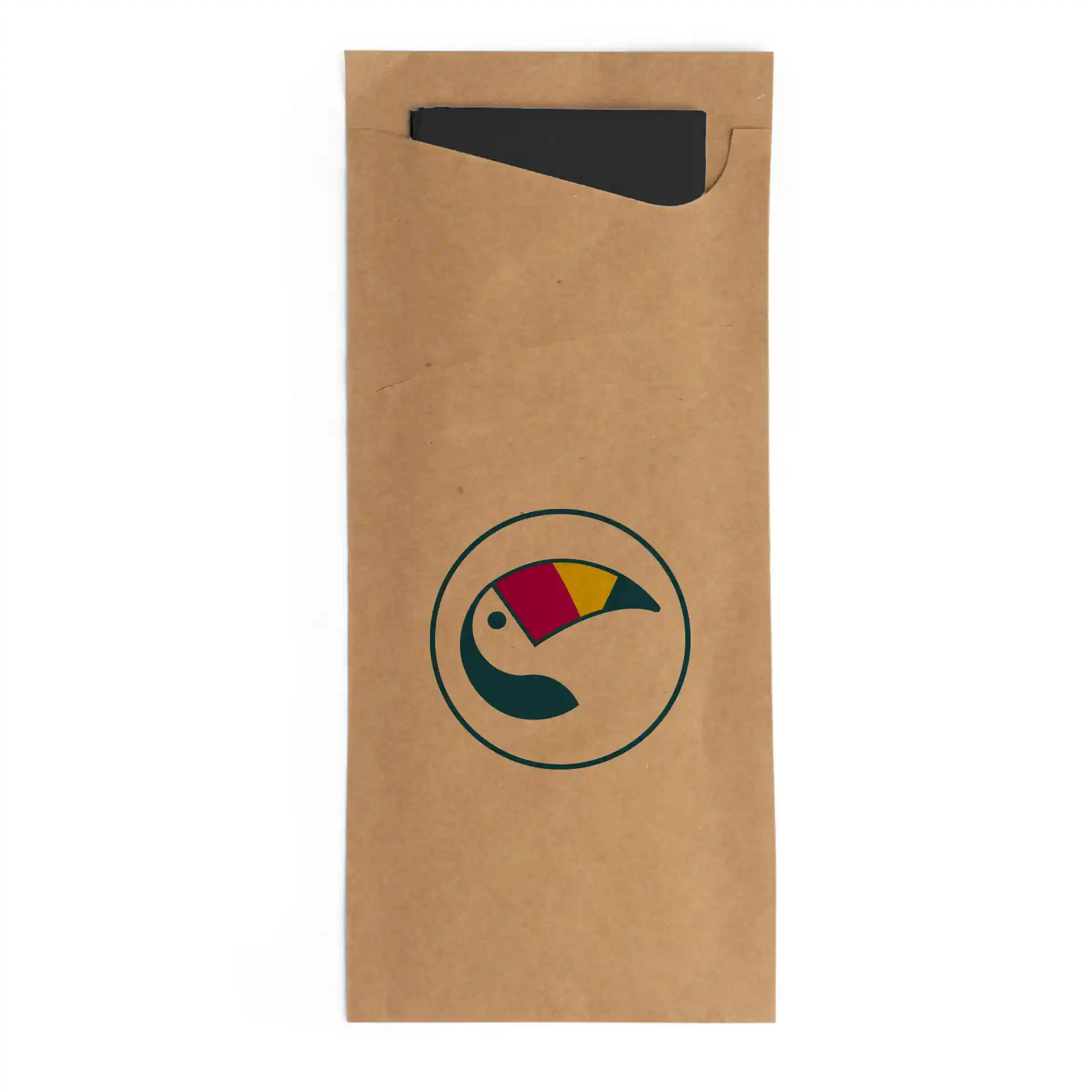 Brown printed cutlery pouch with a circular toucan design and a black napkin partially visible inside.