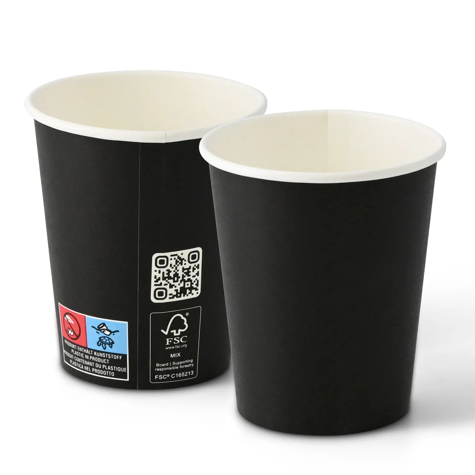 Single-wall black paper cup with a PLA coating, suitable for hot and cold drinks; features labels and logos on the side.