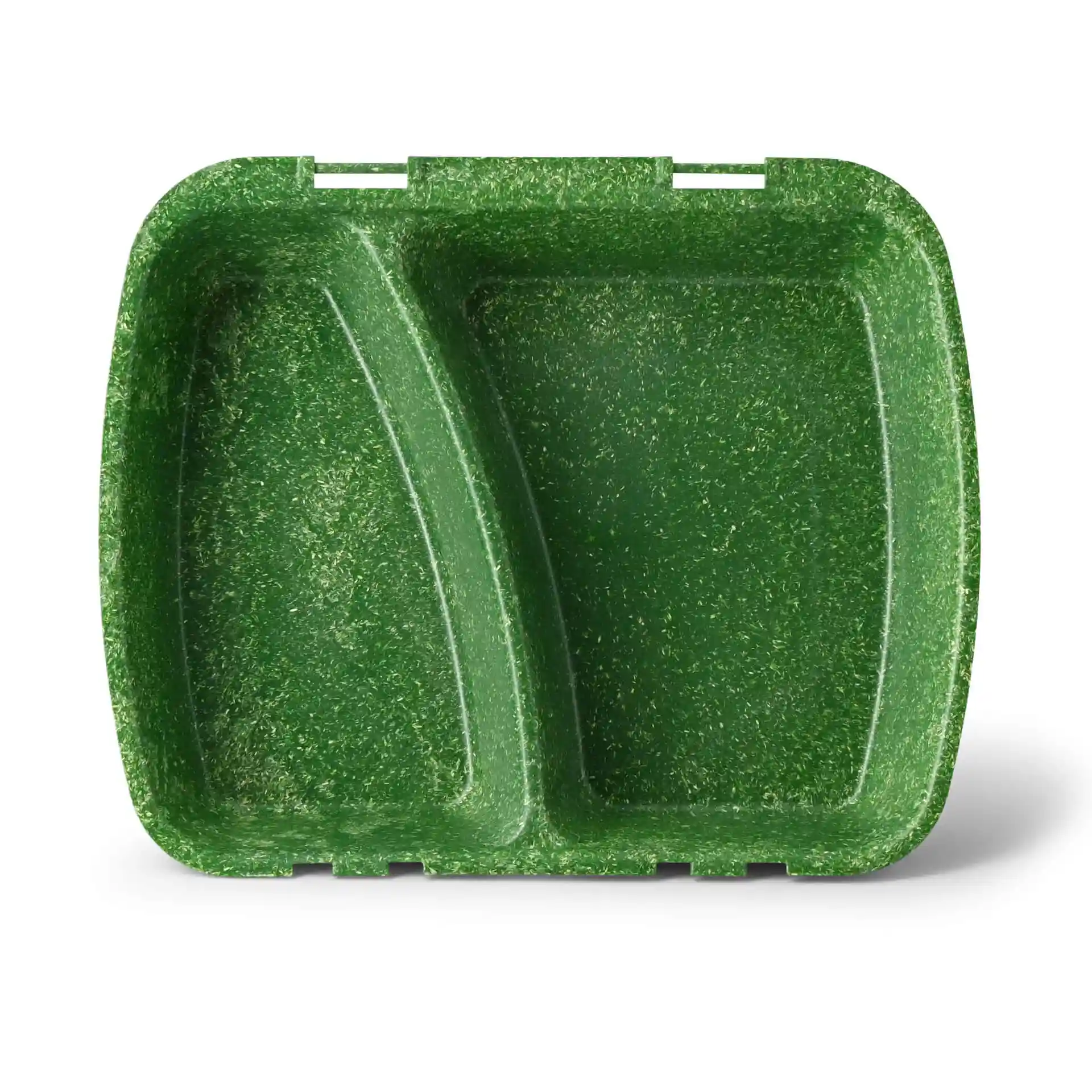 Dunkelgrüner wiederverwendbarer Essensbehälter mit zwei Fächern, 24,5 x 20 x 4,5 cm groß.