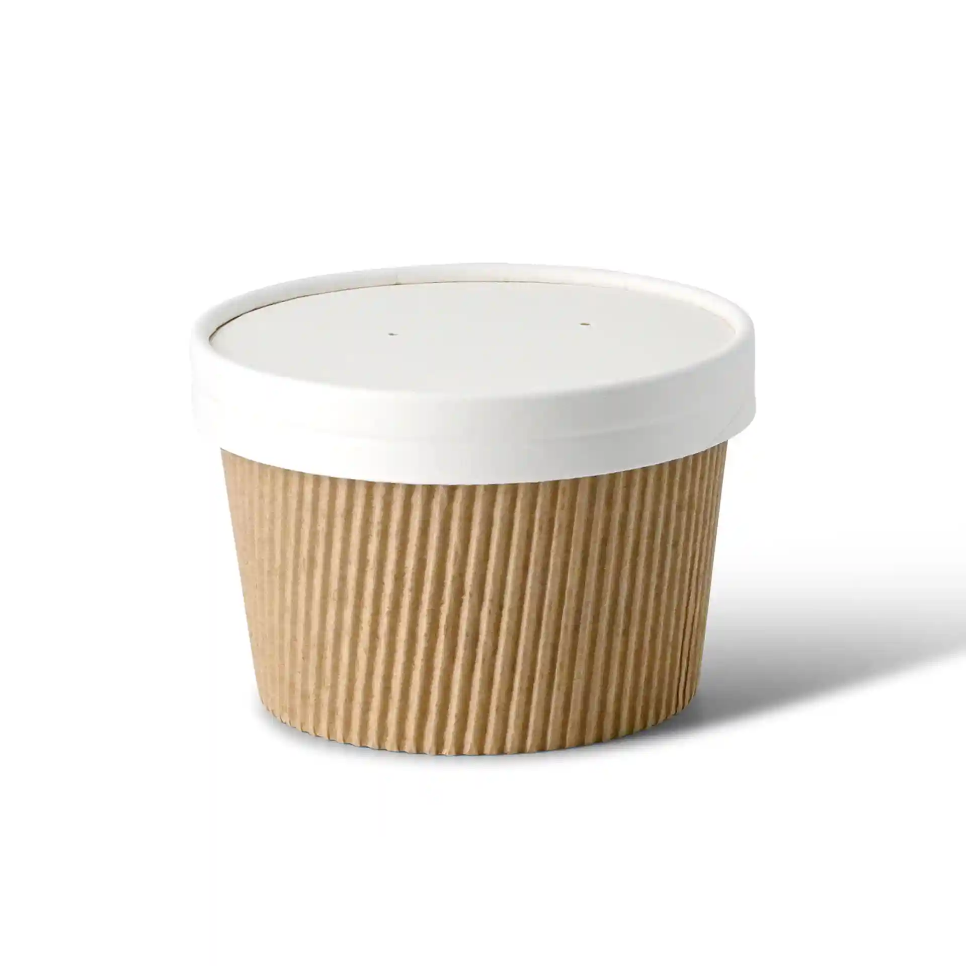 Round cardboard container with a white lid, featuring a ribbed texture on the sides.