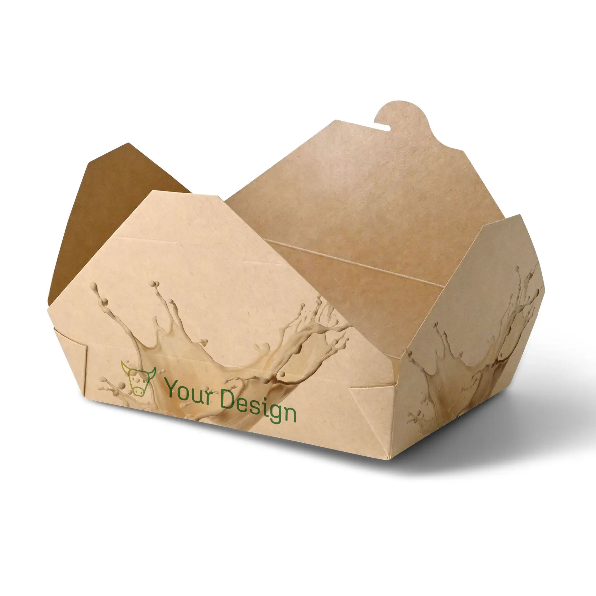 Kundenspezifisch bedruckte Takeaway-Box aus braunem Karton mit Spritzdesign; geeignet für heiße, würzige und fettige Gerichte.