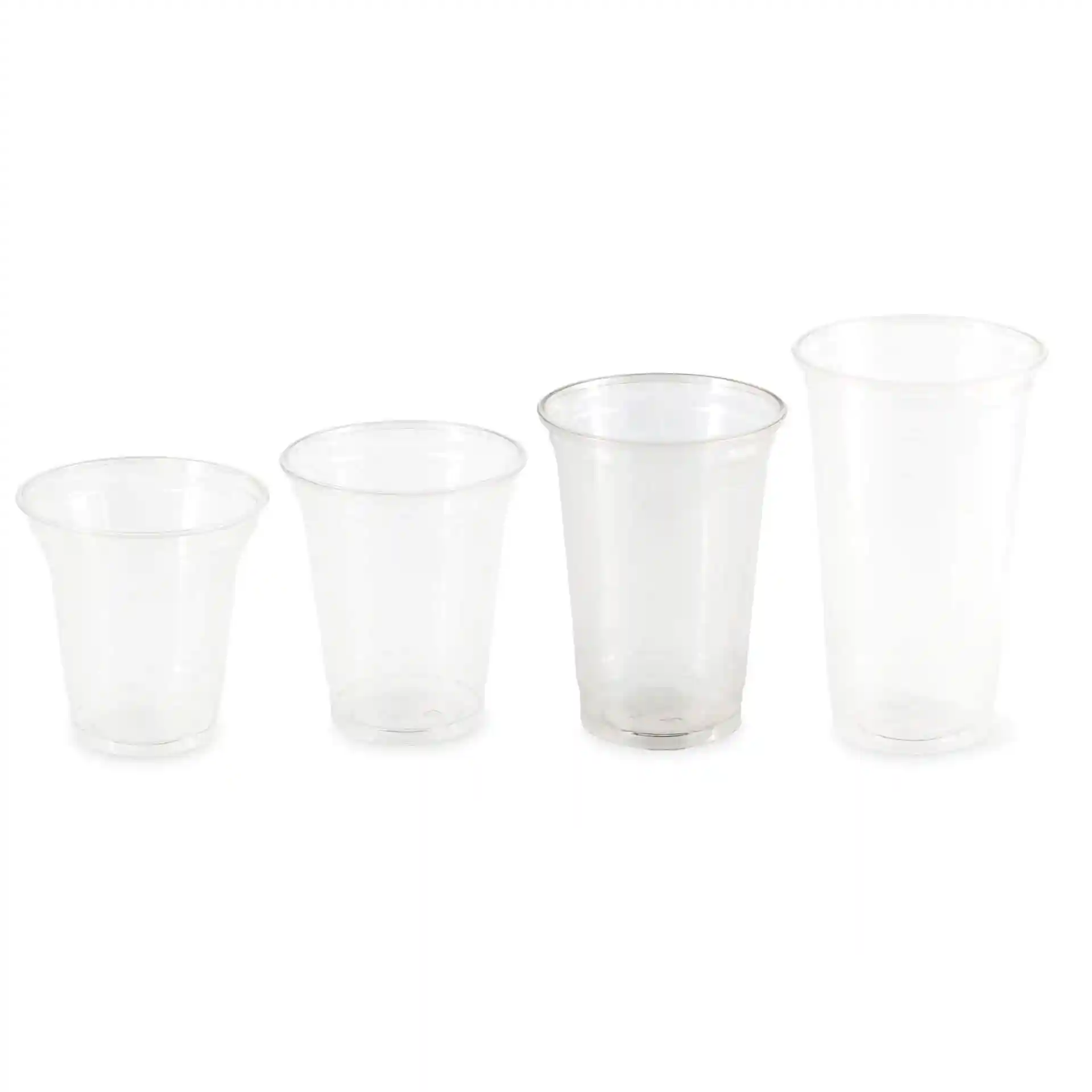 Set of four transparent rPET cups in varying sizes, displayed from smallest to largest.