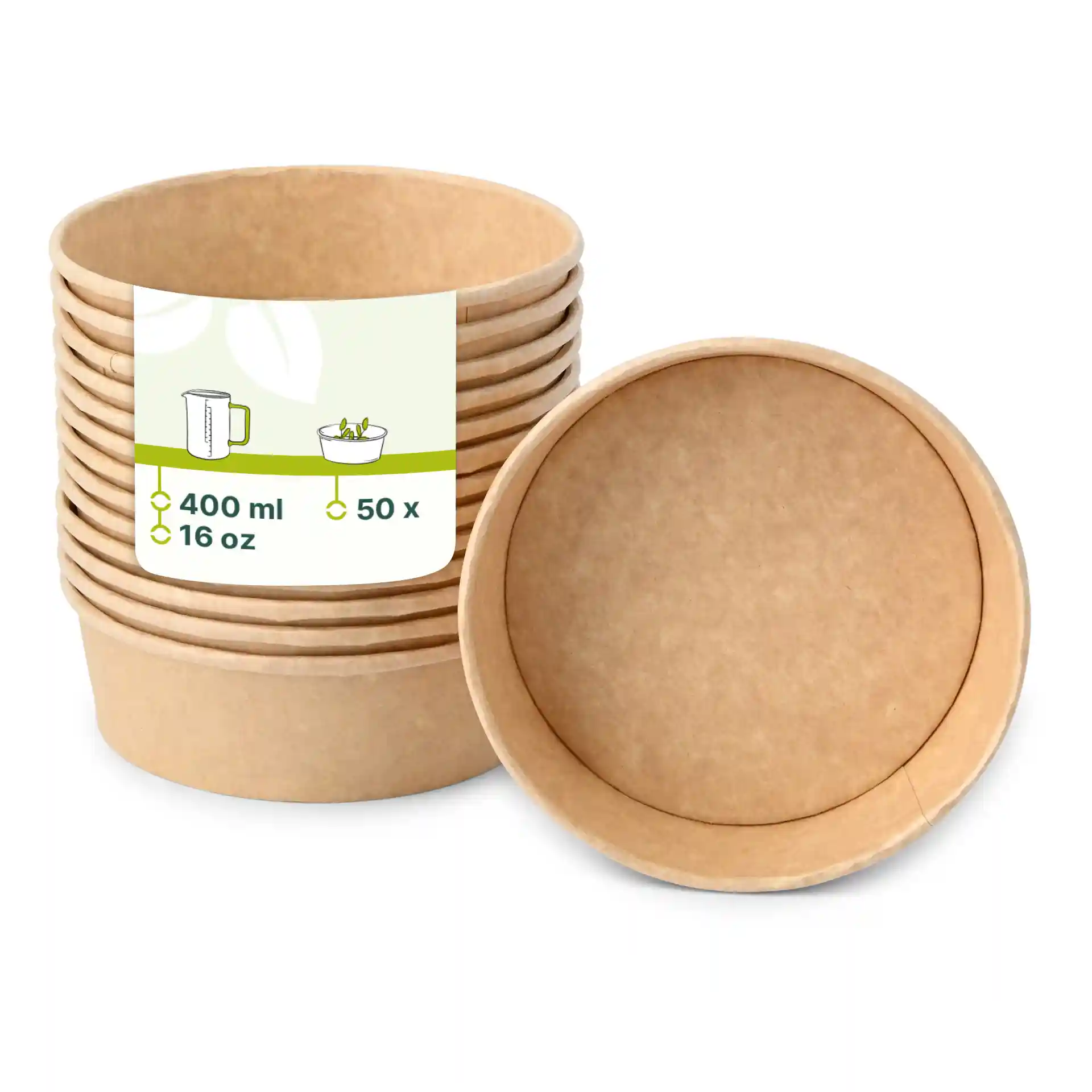Stapel brauner Papierschalen mit einem Etikett, das eine Kapazität von 400 ml und eine Menge von 50 zeigt, eine Schale ist umgedreht.