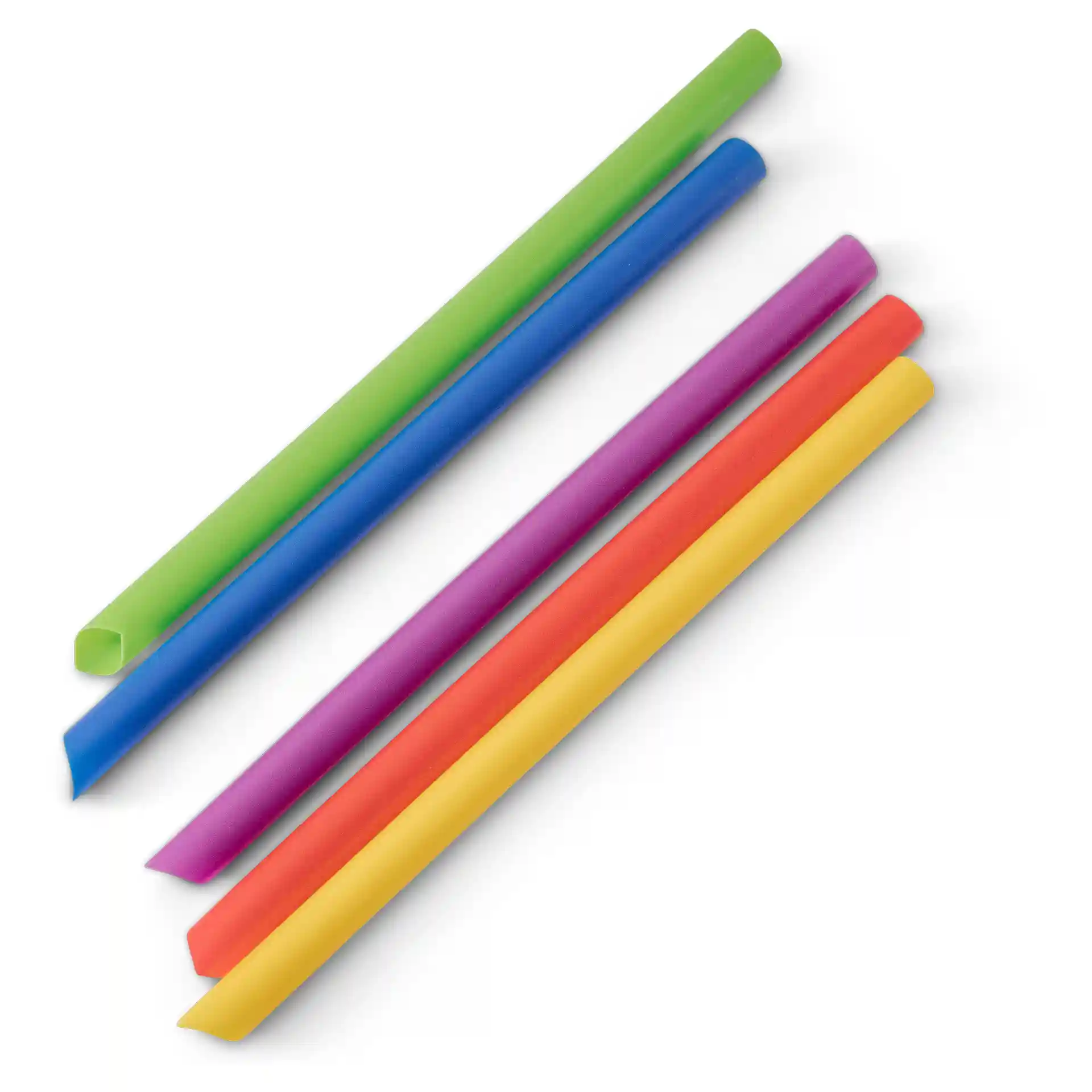 Colorful reusable bubble tea straws, measuring 20 cm in length and 1.2 cm in diameter, displayed on a white background.
