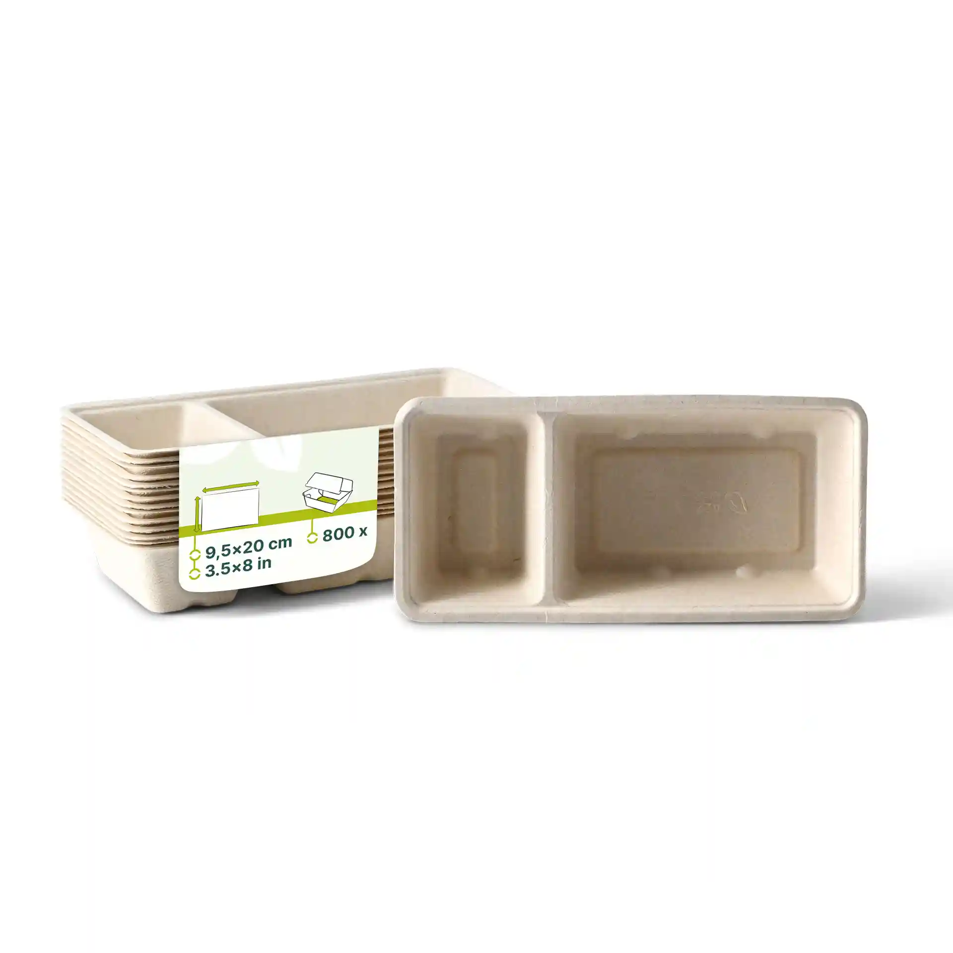 Cremeweiße Bagasse-Chip-Schale mit zwei Fächern, 9,5 x 20 cm, mit Etikett präsentiert.