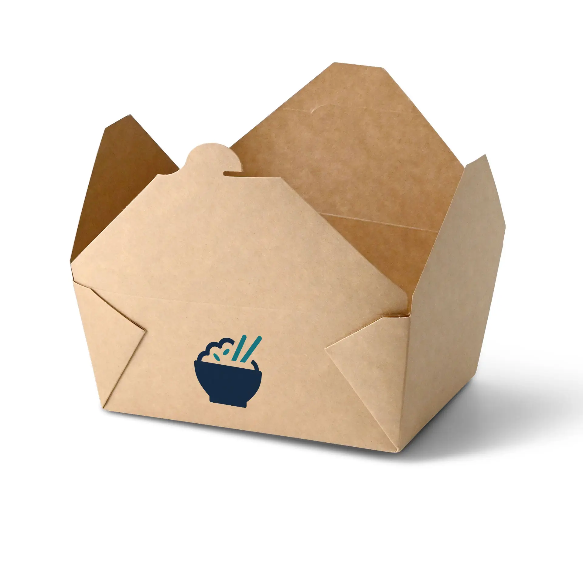 Custom printed takeaway box with a design of a bowl and chopsticks; suitable for hot and greasy dishes.