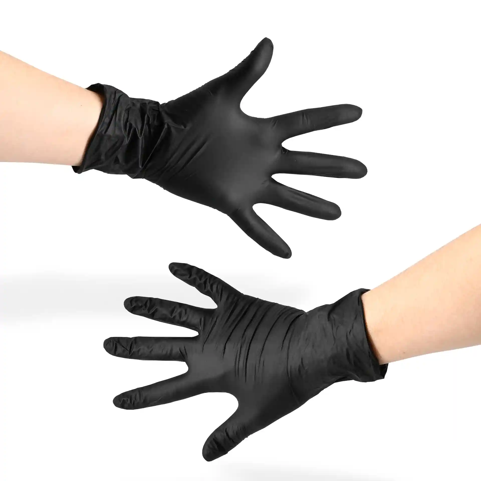 Black nitrile gloves in size L, shown on two hands with fingers spread, on a white background.