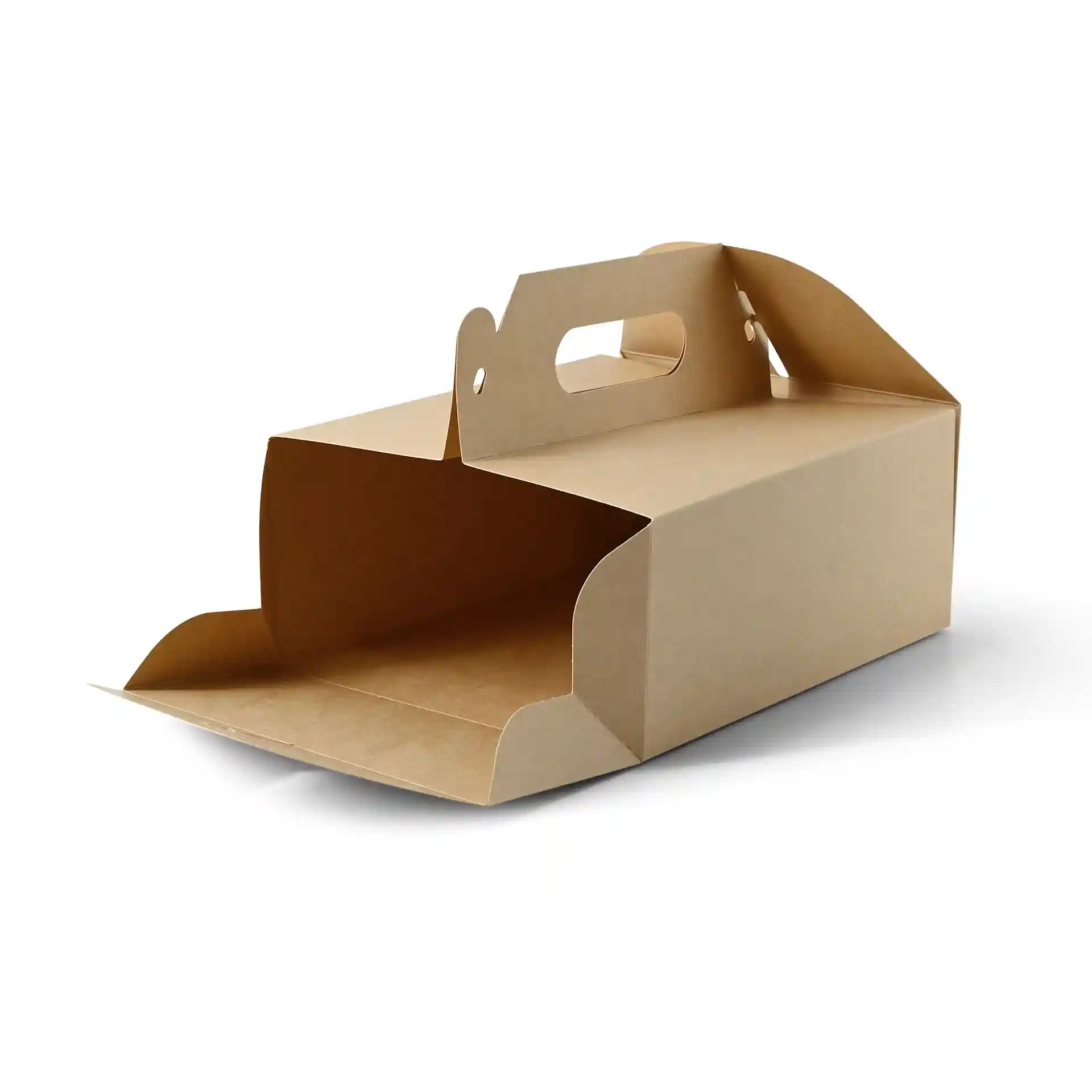 Brown cardboard pastry box with a handle, rectangular shape, dimensions 21 x 17 x 9 cm, foldable design.