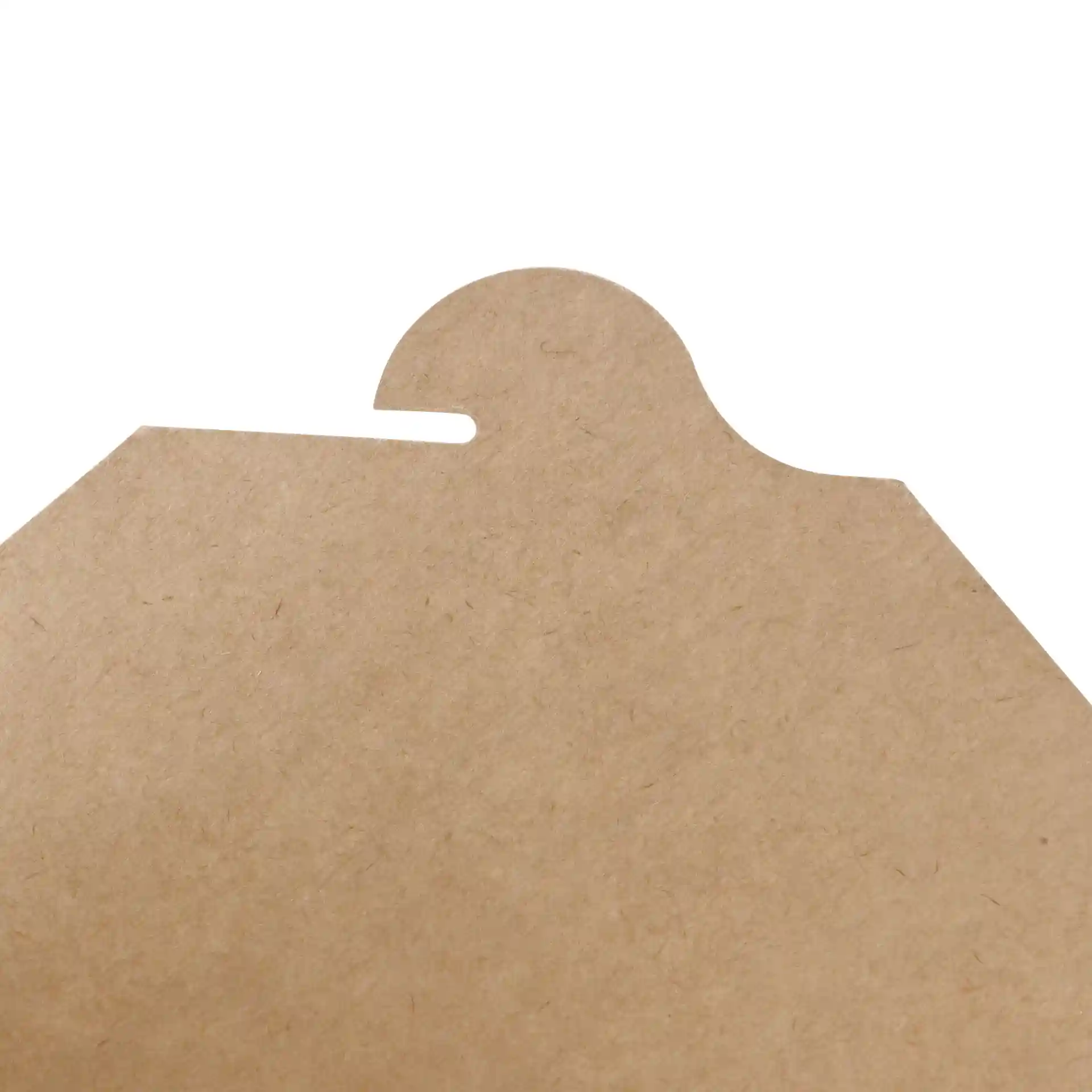 Close-up of a brown cardboard takeaway container with a rounded top and a slot cutout.