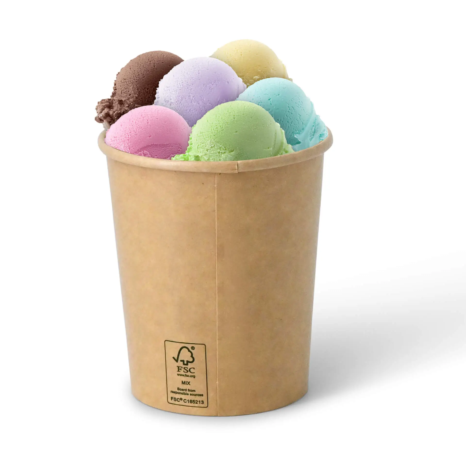 Brown paper ice cream cup filled with various colored scoops of ice cream, showing yellow, green, purple, pink, and brown.