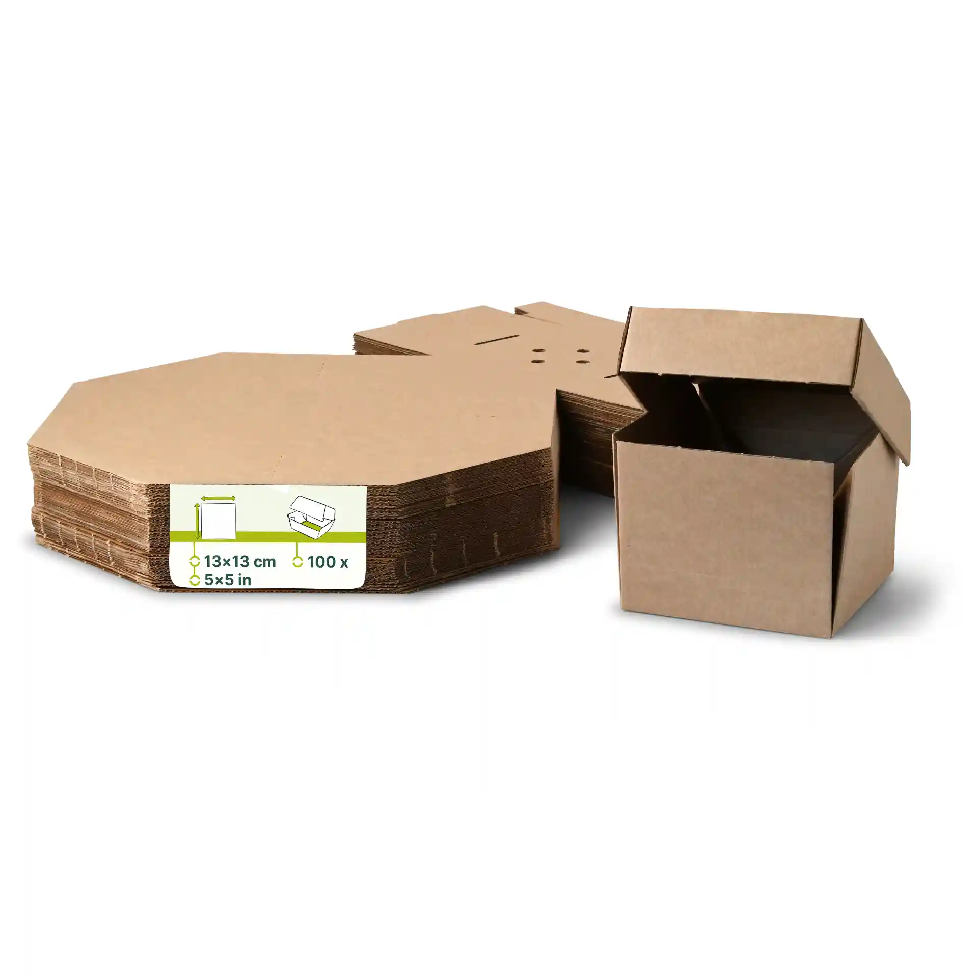 Braune Pappburgerbox in quadratischer Form, 13 x 13 x 10 cm, neben gefalteten Flachboxen.