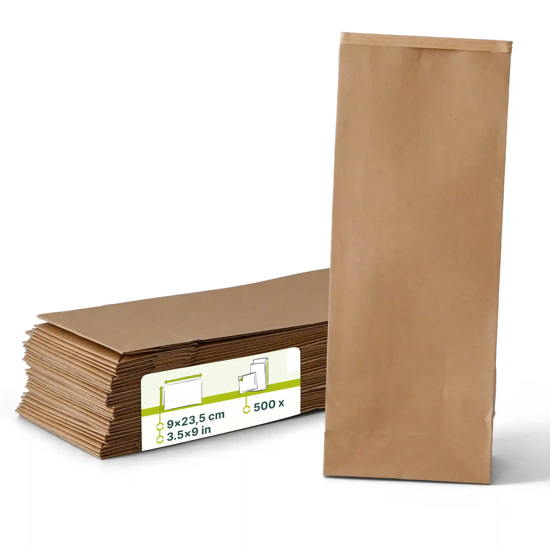 Brown kraft paper block bottom bags with a tin tie, measuring 9 x 5 x 23.5 cm, stacked with one bag upright.