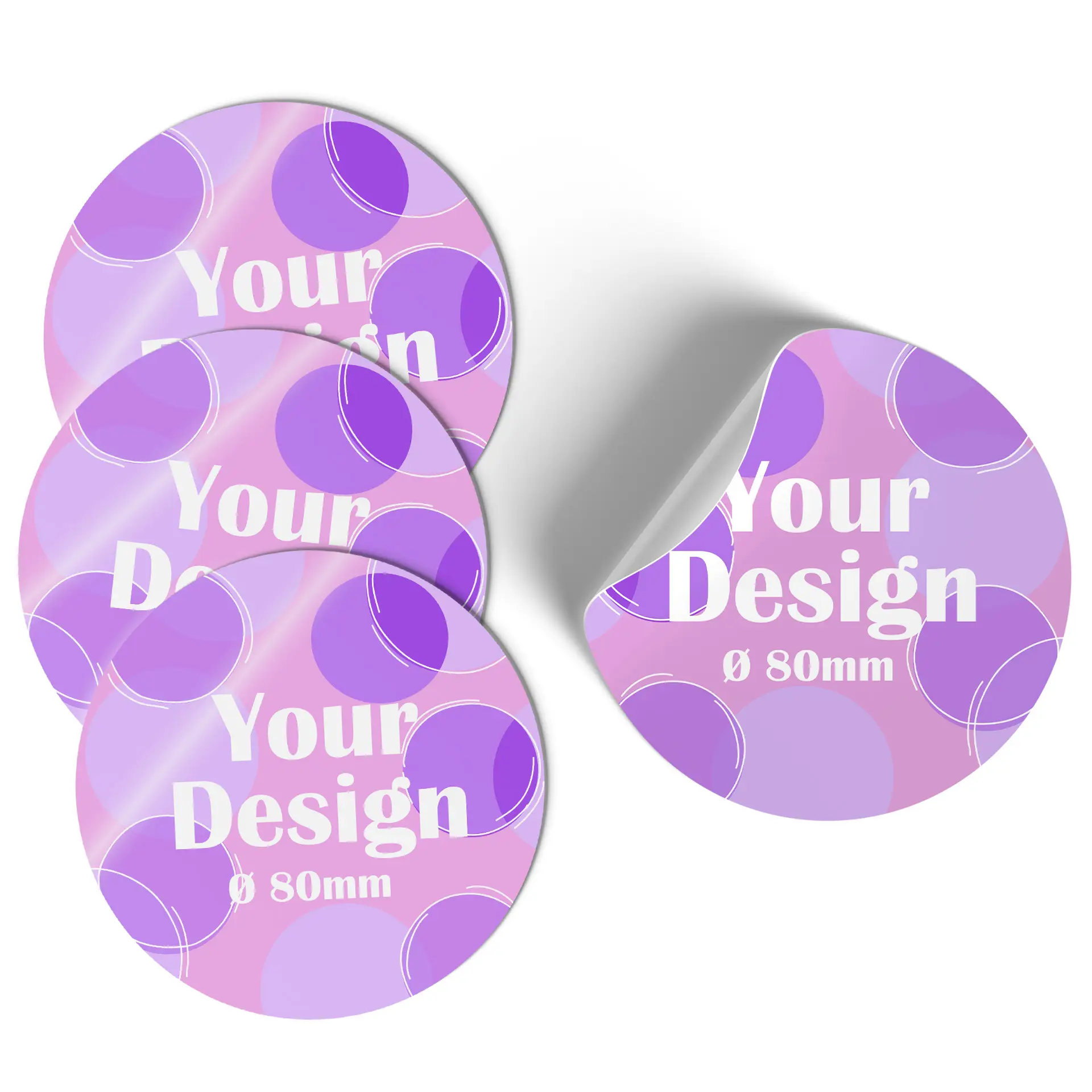 Round sticker in gradient blue and purple; features a white circular design and the diameter label of Ø 8 cm.
