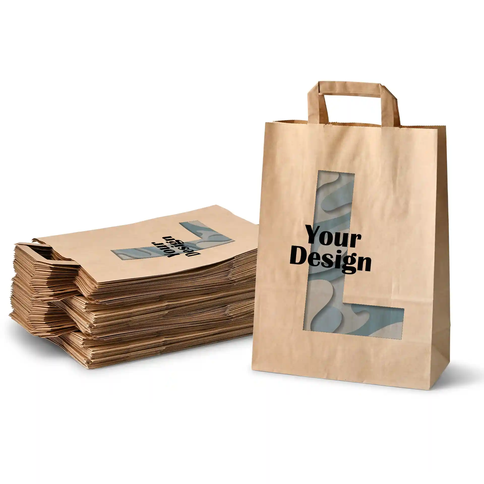 Braune Papiertasche in rechteckiger Form mit Ausschnitt und dem Text "Dein Design".
