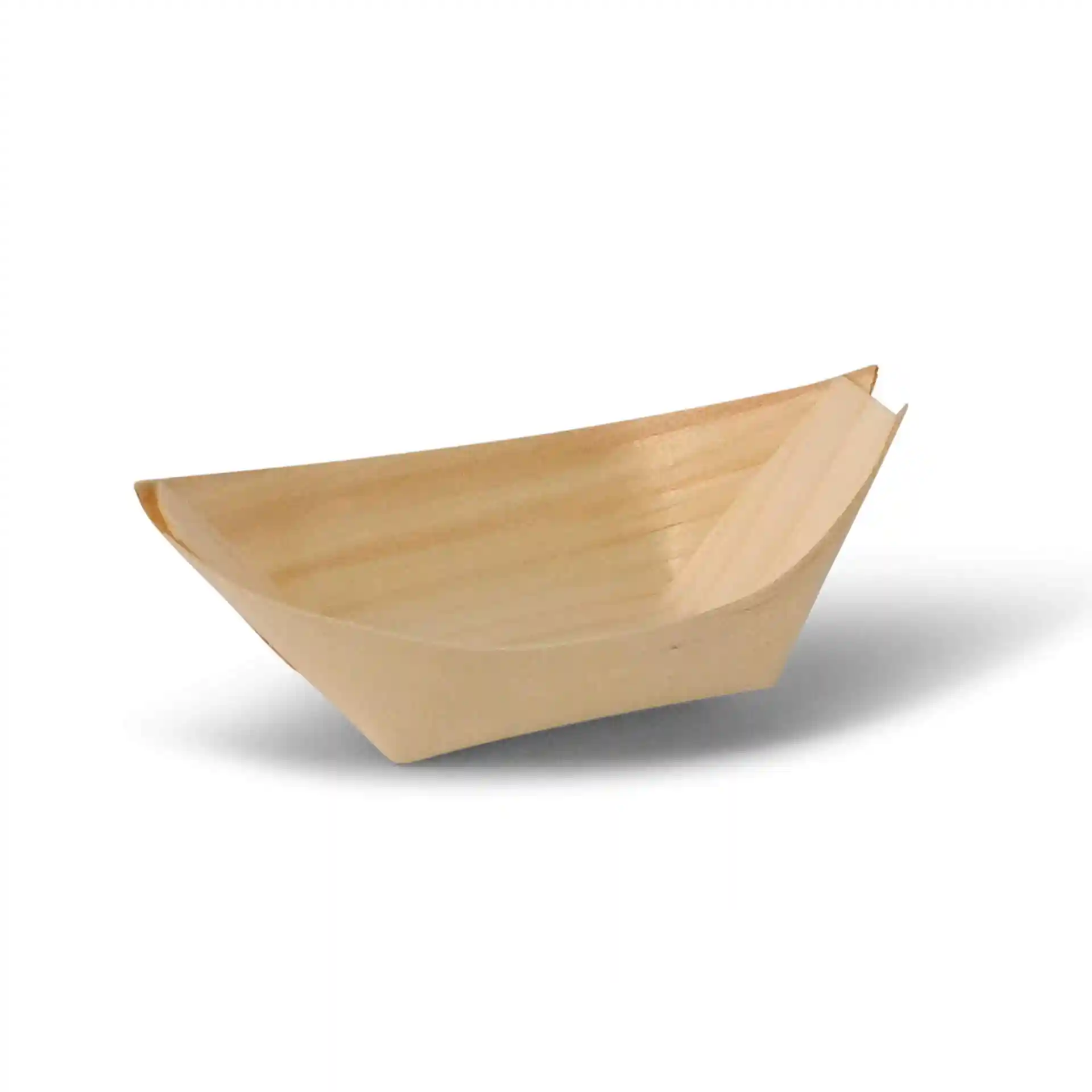 Wooden boat-shaped serving dish, 8 cm long, made of brown wood, with a smooth surface and no coating.