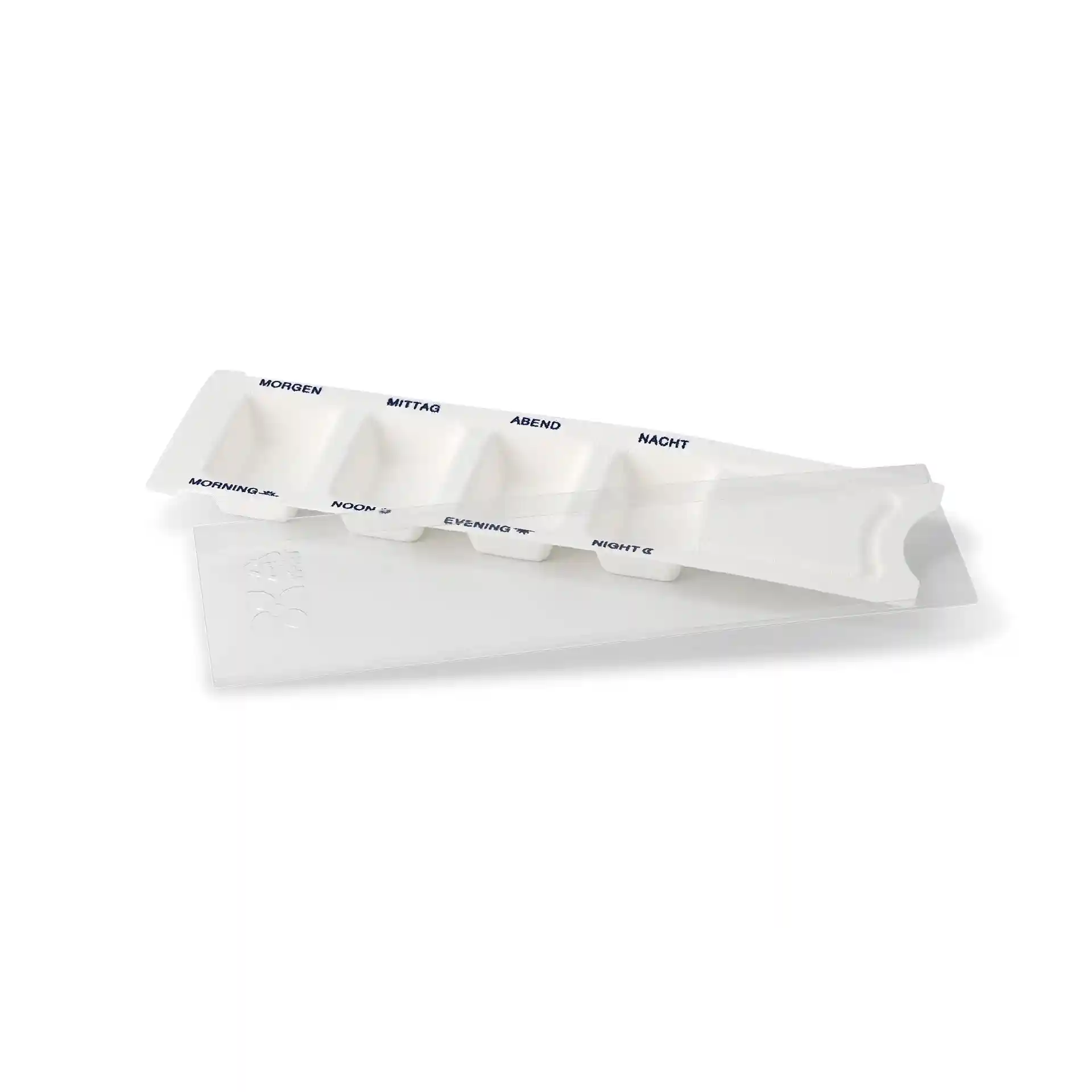 White rectangular medication dispenser with four chambers and a sliding lid, labeled for morning, noon, evening, and night.
