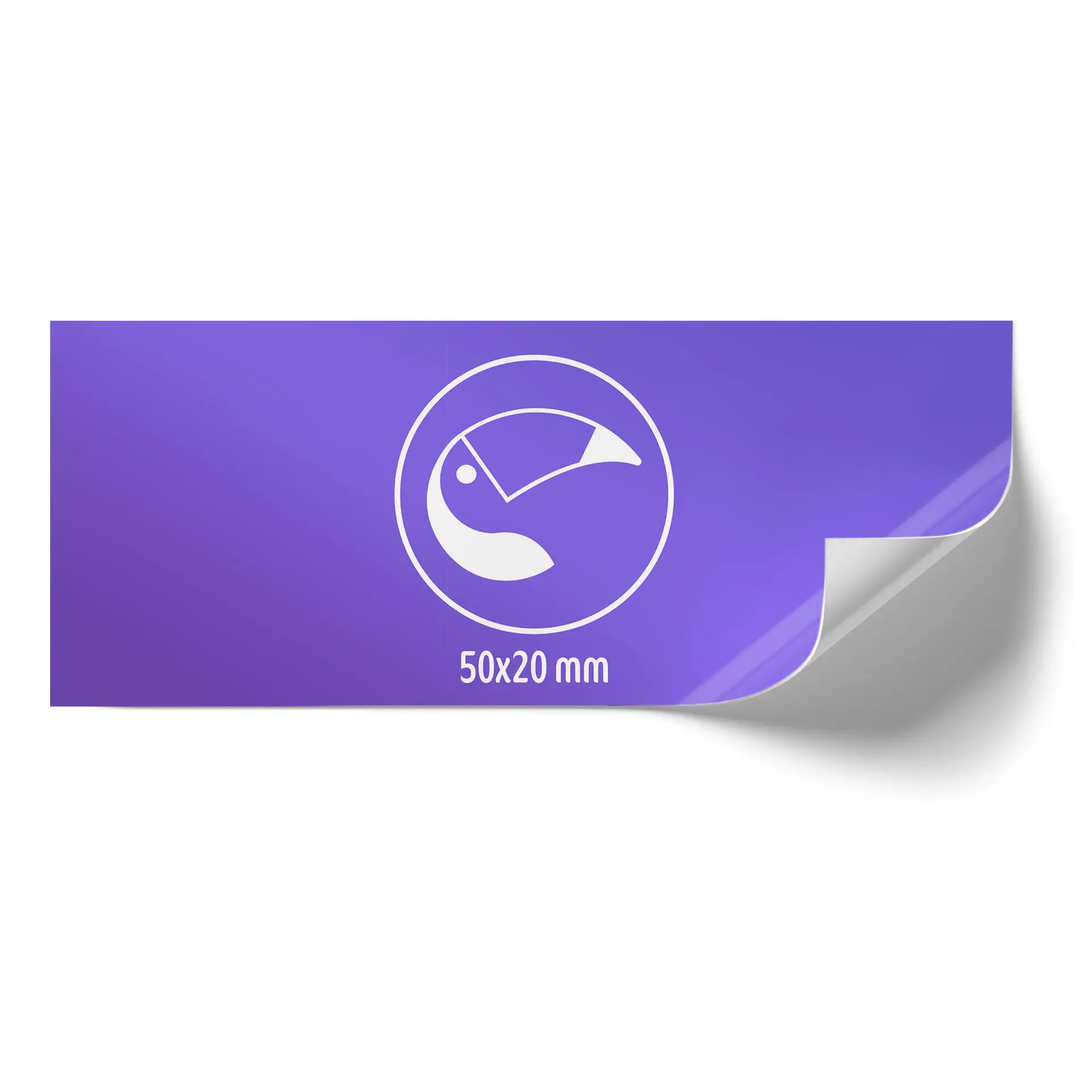 One purple label with a gauge icon and dimensions 50x20 mm printed on it; a corner is slightly curled.