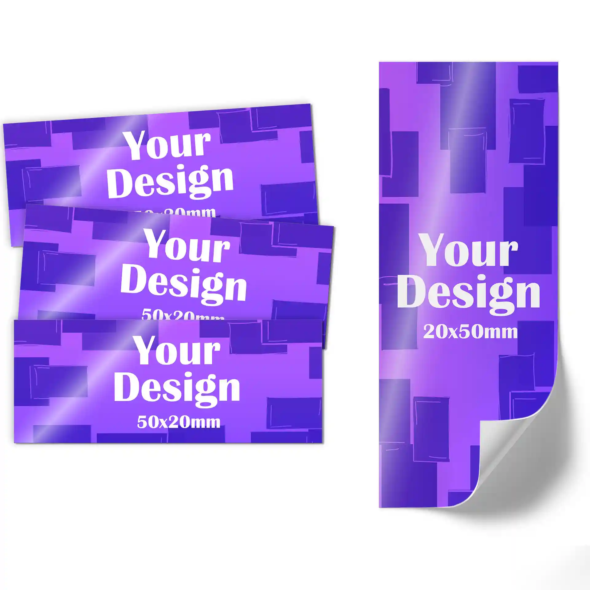 Image of printed label rolls on a purple background, featuring rectangular labels measuring 50x20 mm and 20x50 mm.