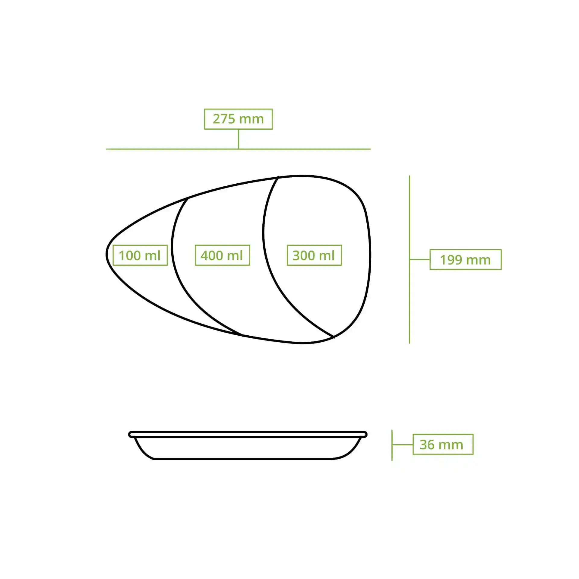 Schematische Zeichnung eines Dreikammergeschirrs mit Maßen: 275 mm Länge, 199 mm Höhe und 36 mm Tiefe.