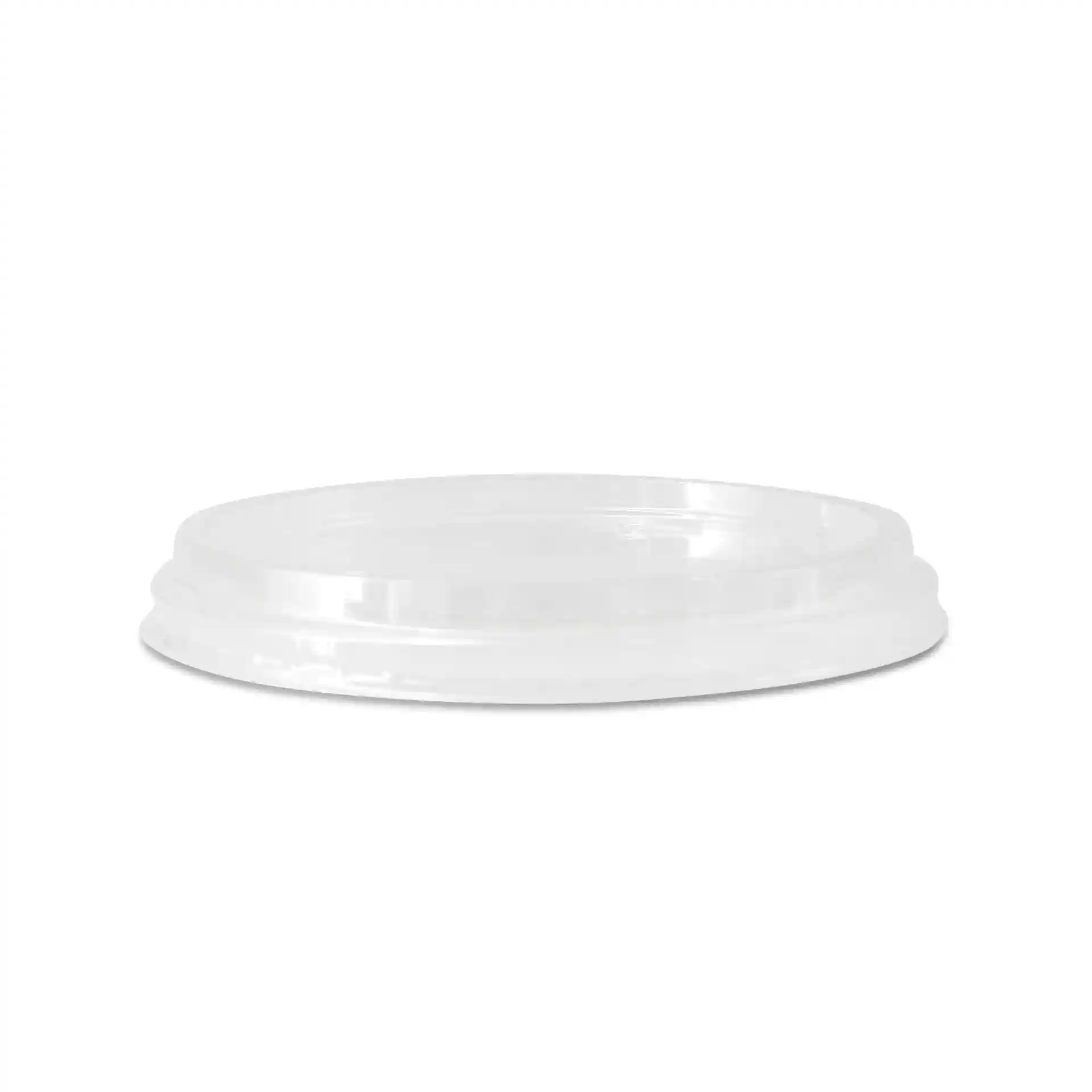 Transparenter runder Deckel für Becher, Durchmesser 121 mm und Höhe 16 mm.