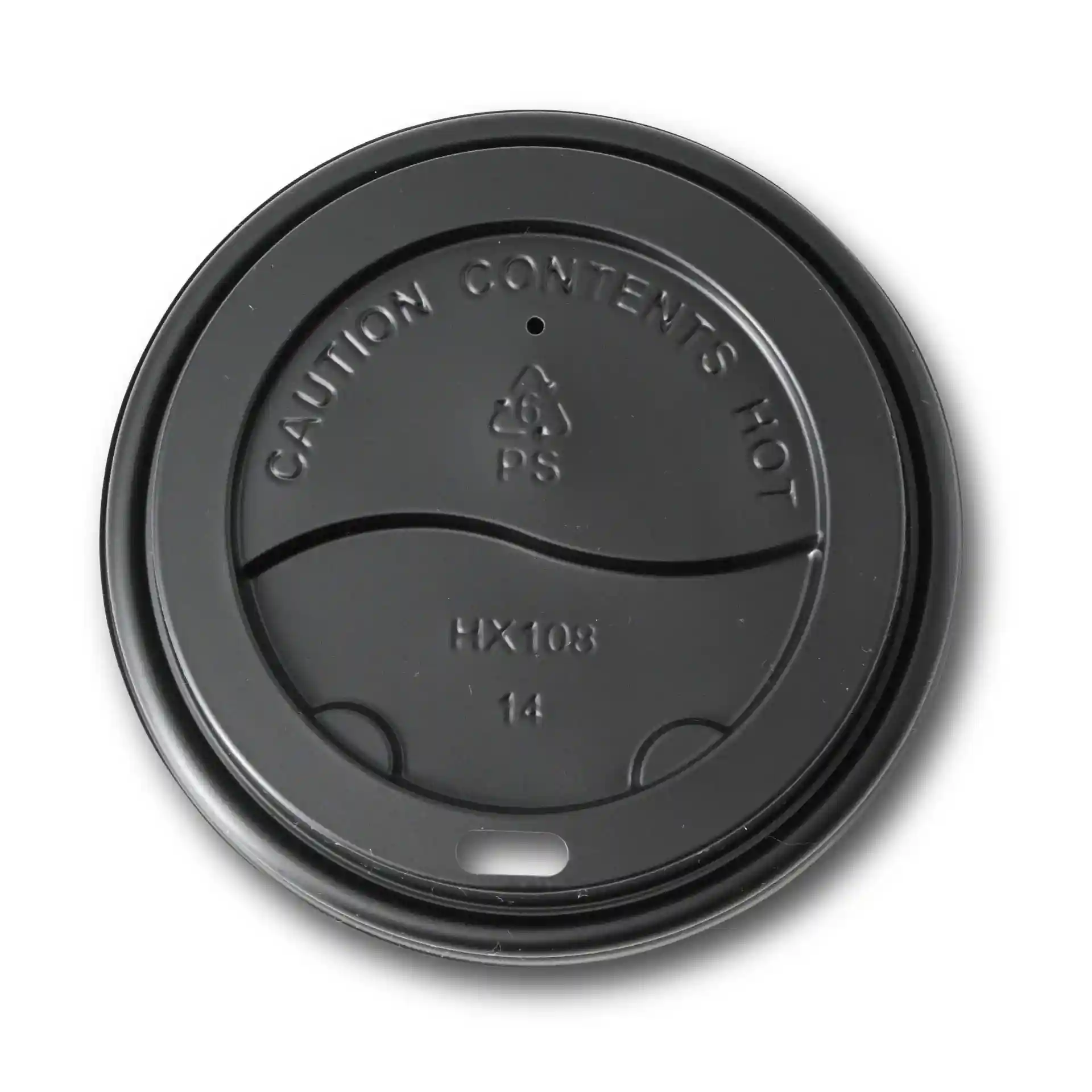 Black PS lid with a drinking hole, 90 mm diameter, featuring a raised caution marking and a smooth surface.