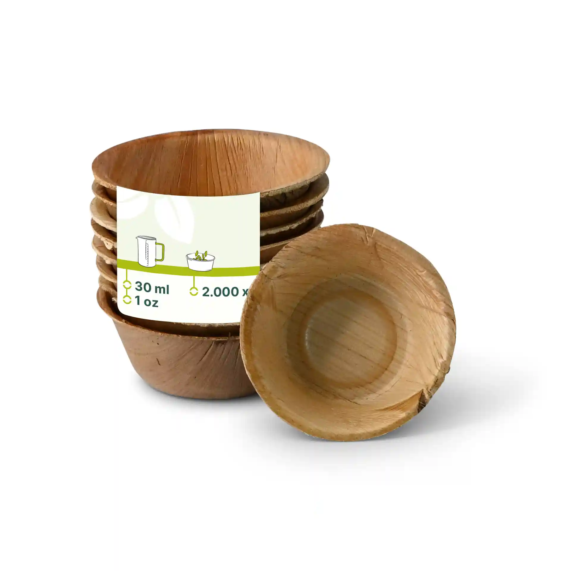 Stack of five round palm leaf bowls with one bowl in front, showing a natural grain texture.