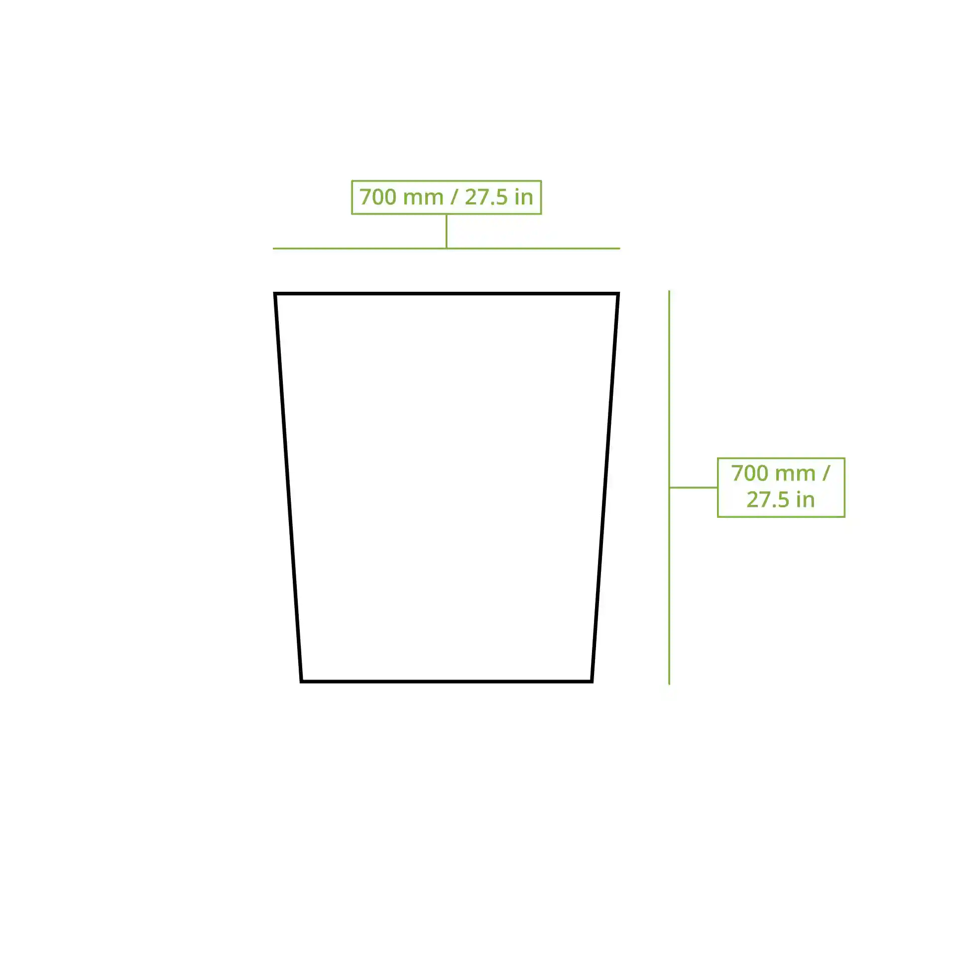 Schematic drawing of a bin bag with dimension lines indicating 700 mm height and width.