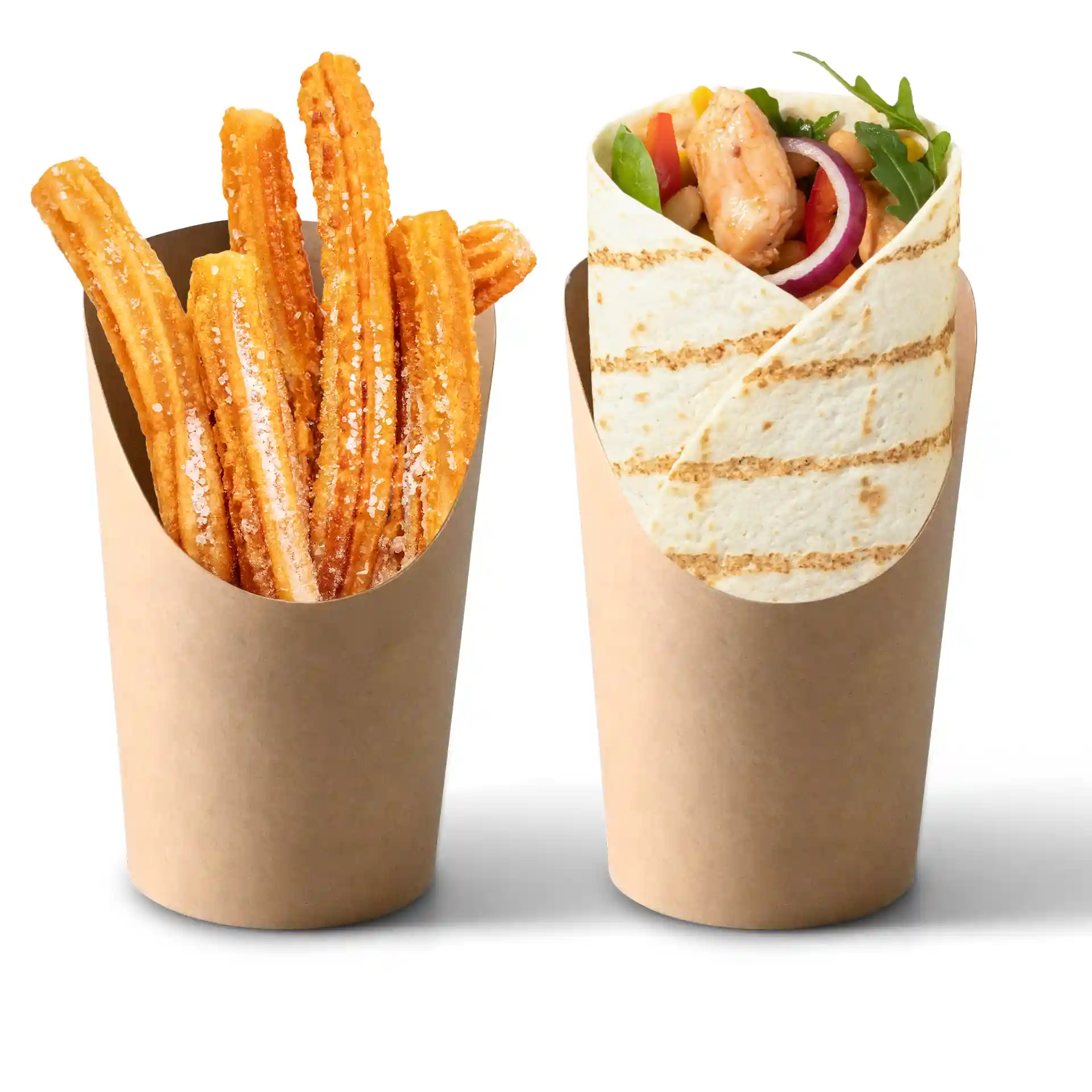 Bild mit zwei braunen Pappbechern: einer gefüllt mit Churros und der andere mit einer eingewickelten Tortilla.