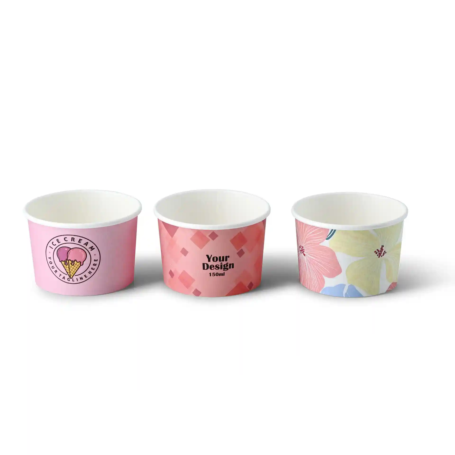 Drei runde Pappbecher für Eis in pinken und floralen Designs, jeweils mit 150 ml Fassungsvermögen.