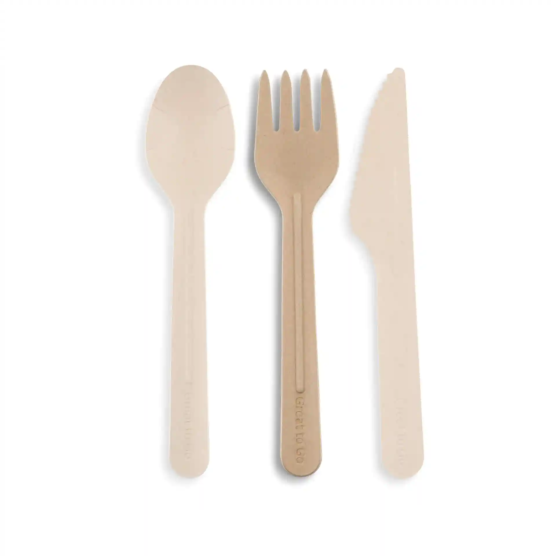 Set of three brown paper utensils including a spoon, fork, and knife, each measuring 16.5 cm in length.