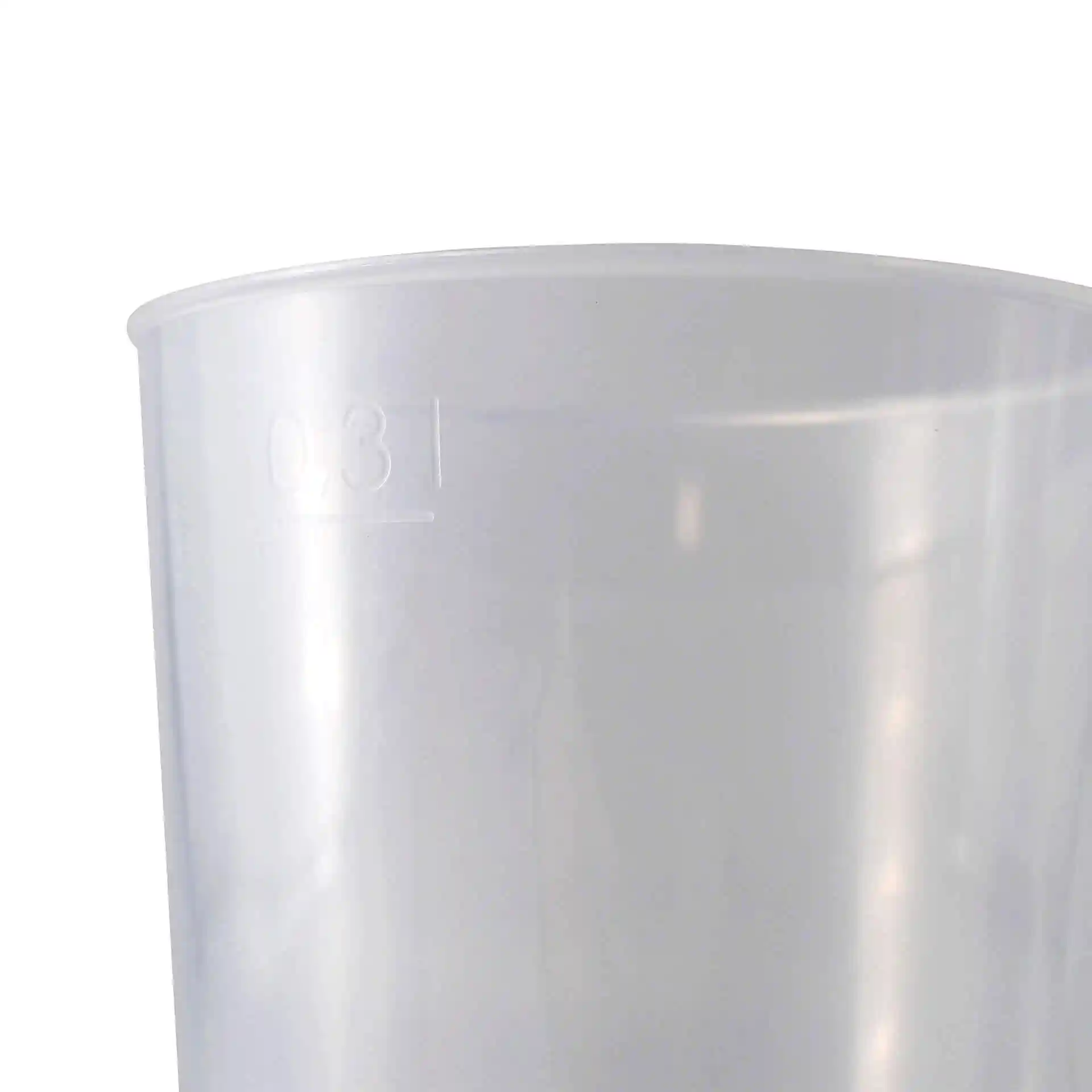Transparent reusable cup with a height of 117 mm and a diameter of 77 mm, showing a measurement marking of 0.3 L.