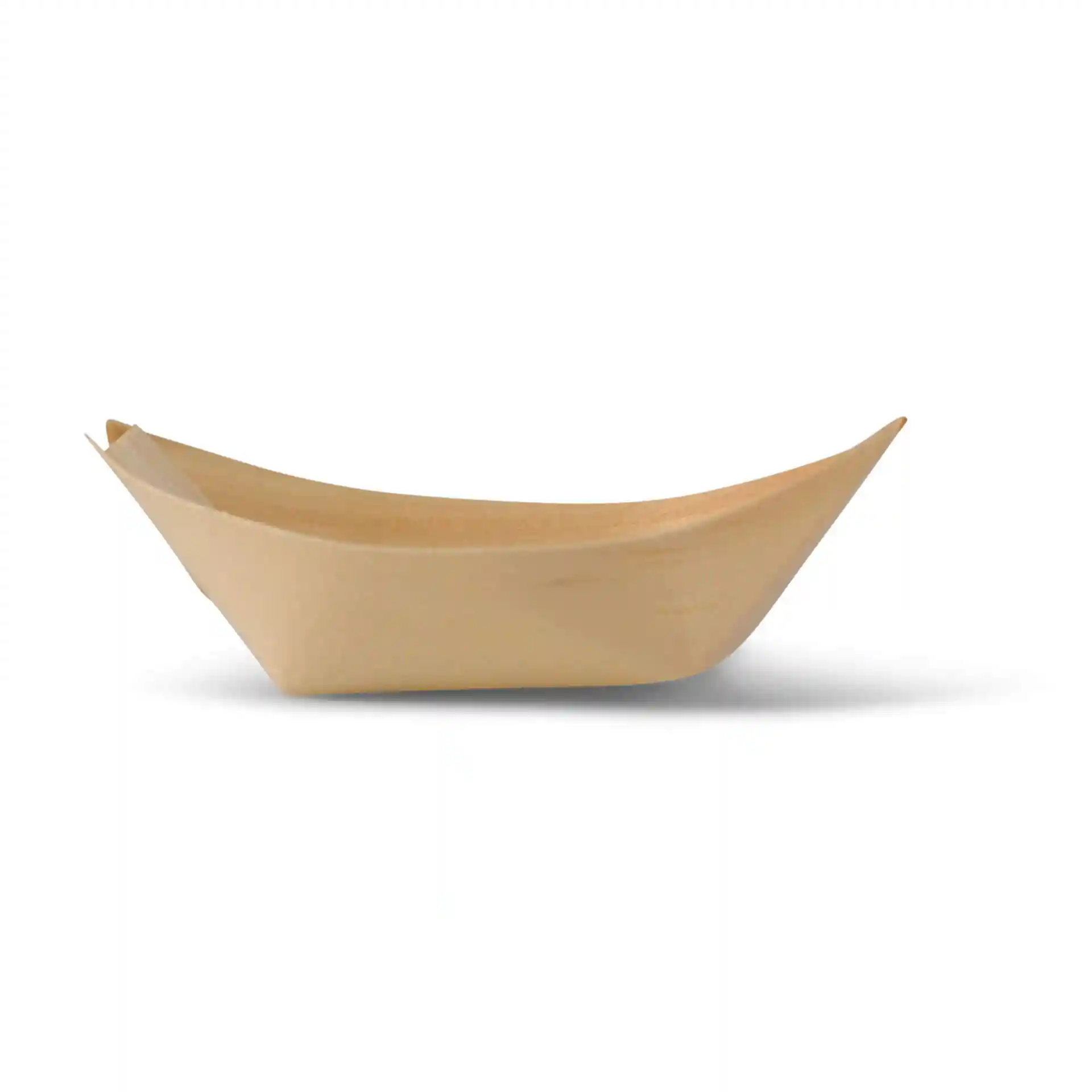 Wooden boat-shaped container in brown, measuring 8 cm in length, made of wood, with a smooth surface.