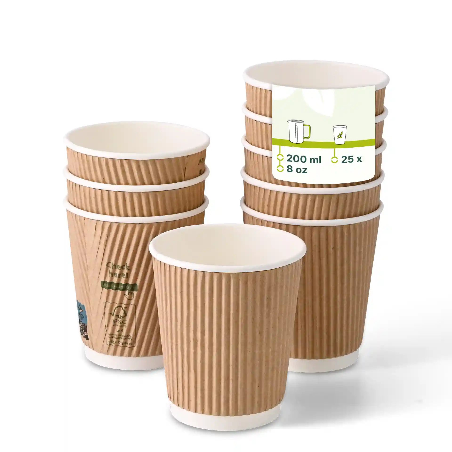 Stack of eight 8 oz ribbed brown cups with white interiors, one cup is positioned in front.