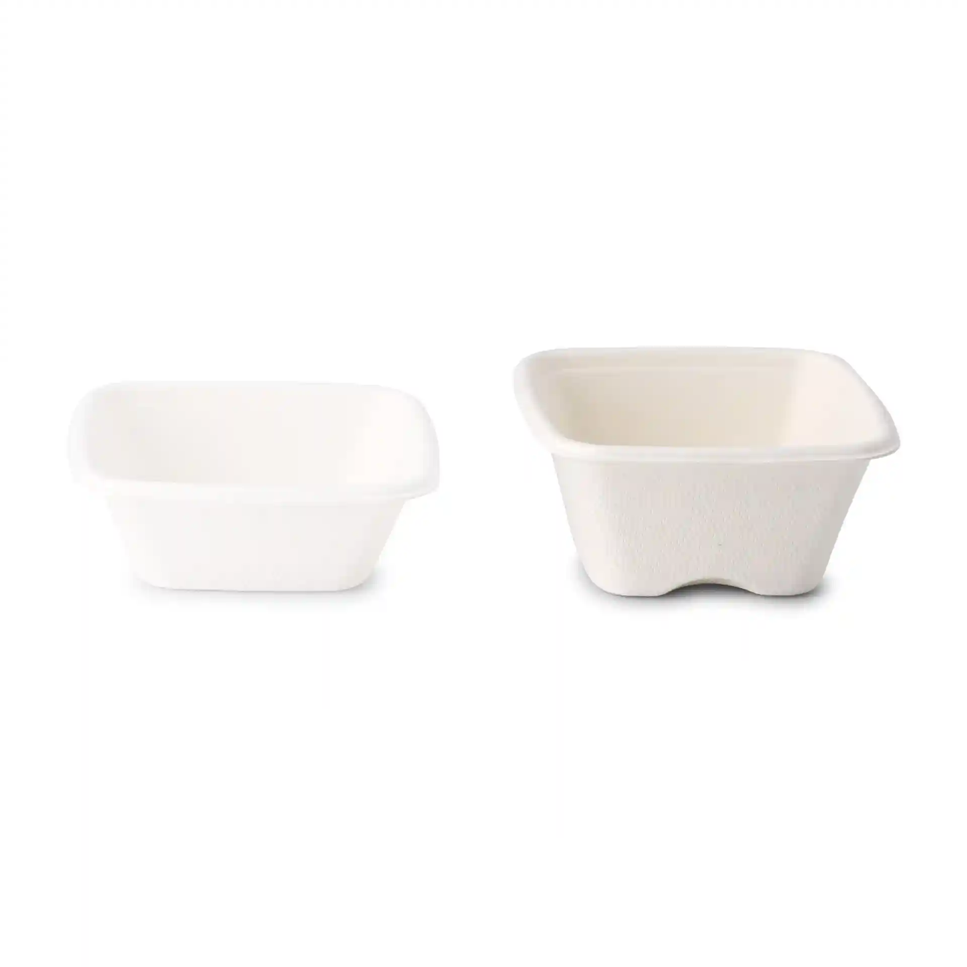 Image of two square white bagasse portion cups, one larger and one smaller, on a plain background.