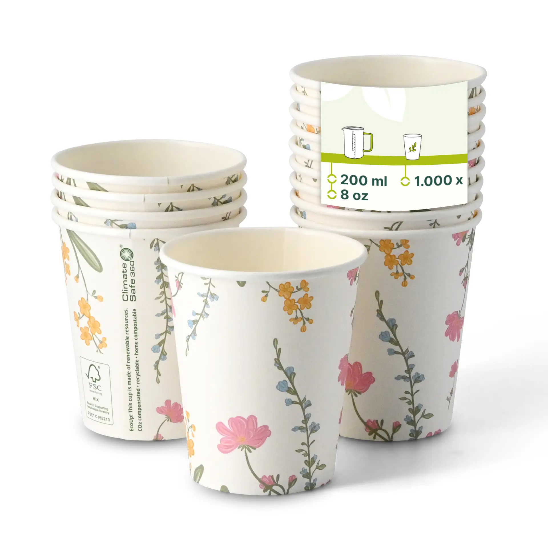 Pappbecher bedruckt "Frühling" 200 ml / 8 oz, Ø 80 mm, weiß