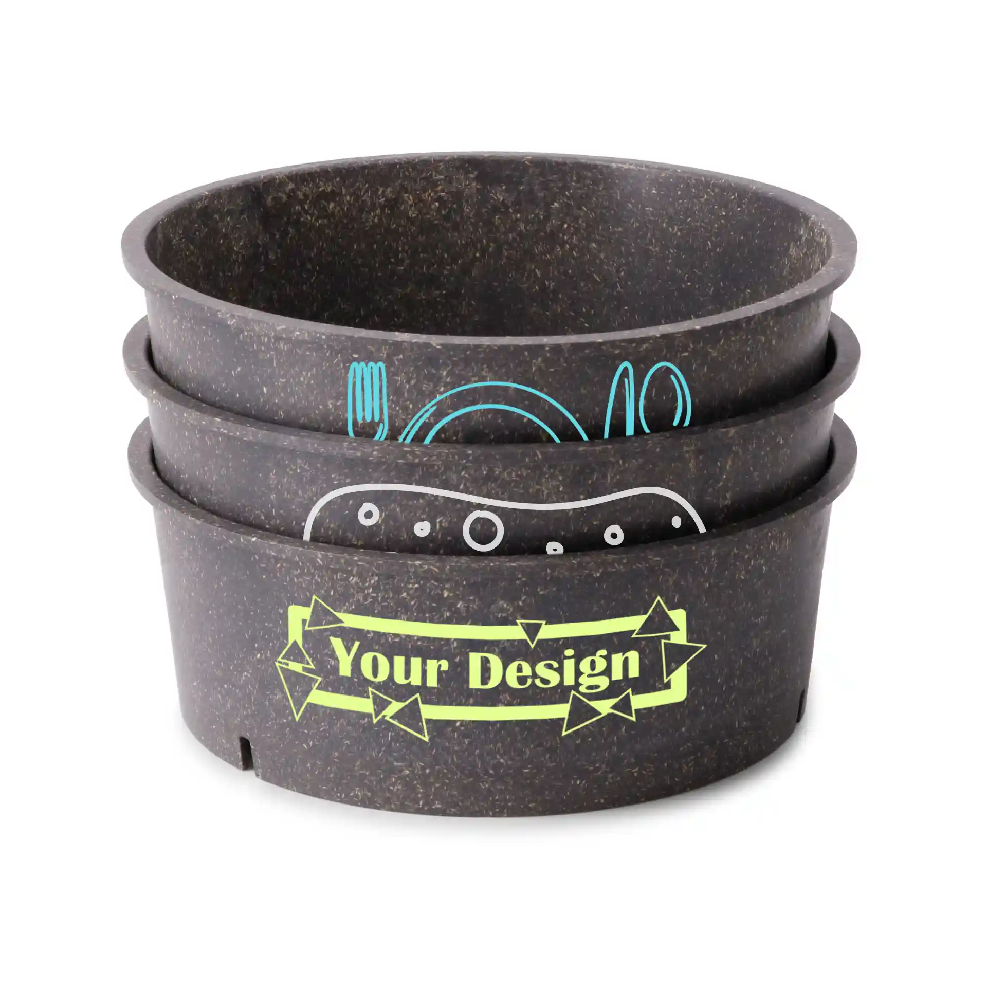 Round reusable bowl in grey, 1000 ml capacity, with printed designs and three stacked together.