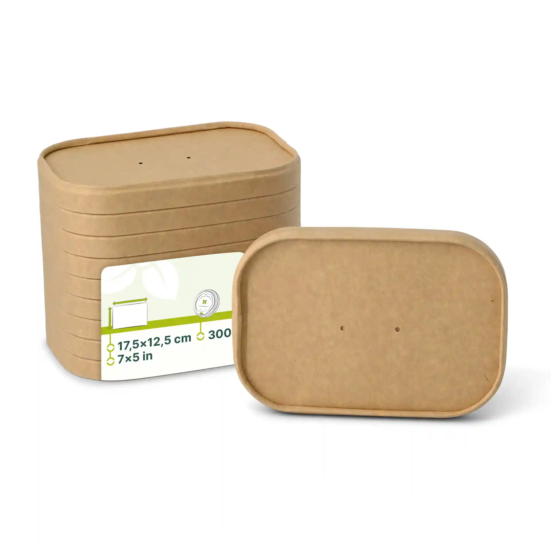 Brown rectangular cardboard lids stacked, with one lid in front showing two small holes and a label with dimensions.